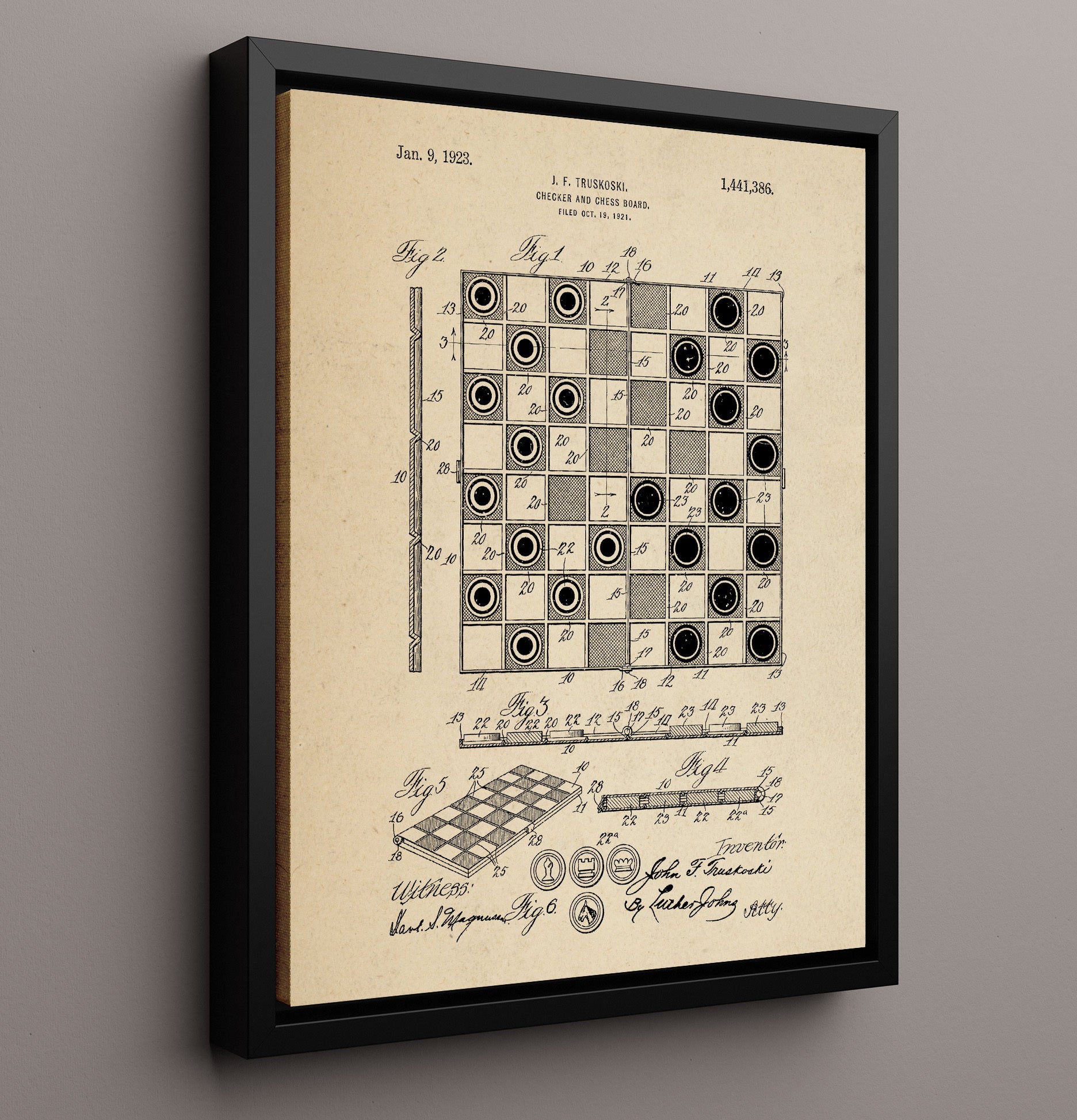 Patent Print - Checker And Chess Board - J F Truskoski - 1923 - Patent 1441386 Patent Wall Art
