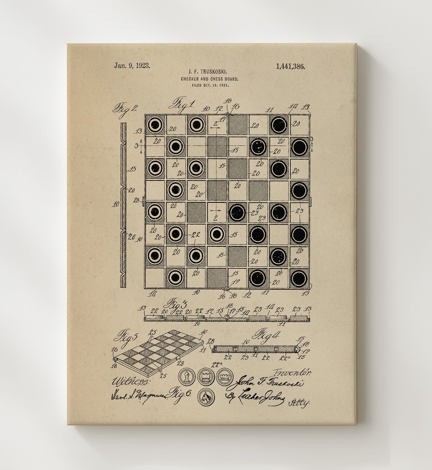 Patent Print - Checker And Chess Board - J F Truskoski - 1923 - Patent 1441386 Patent Wall Art