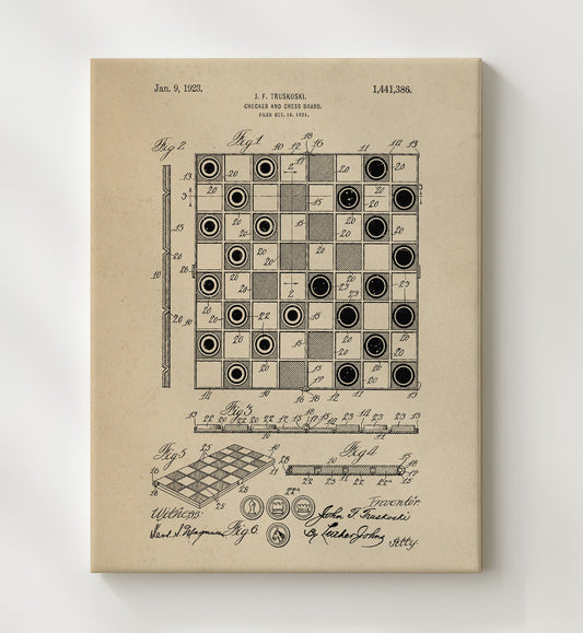 Checker And Chess Board 1923 patent print wall art 8x10 Canvas