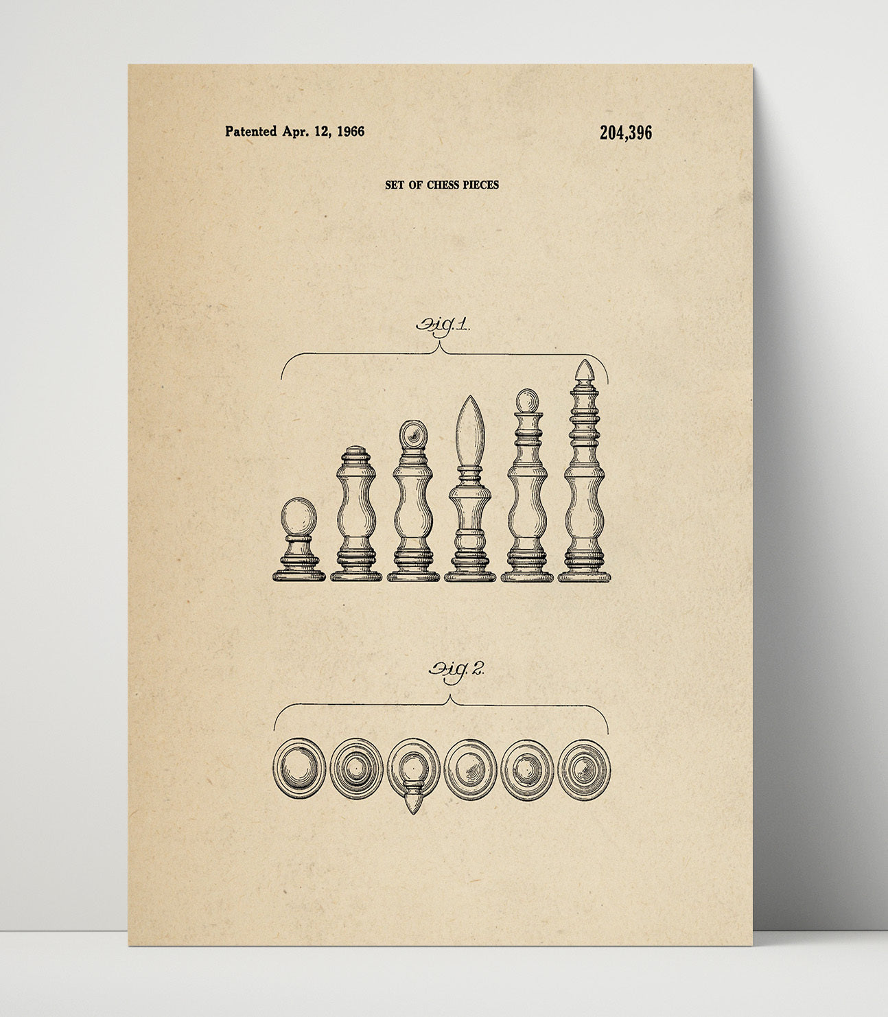 Patent Print - Chess Pieces Set - Unknown Inventor - 1966 - Patent D204396 Patent Wall Art