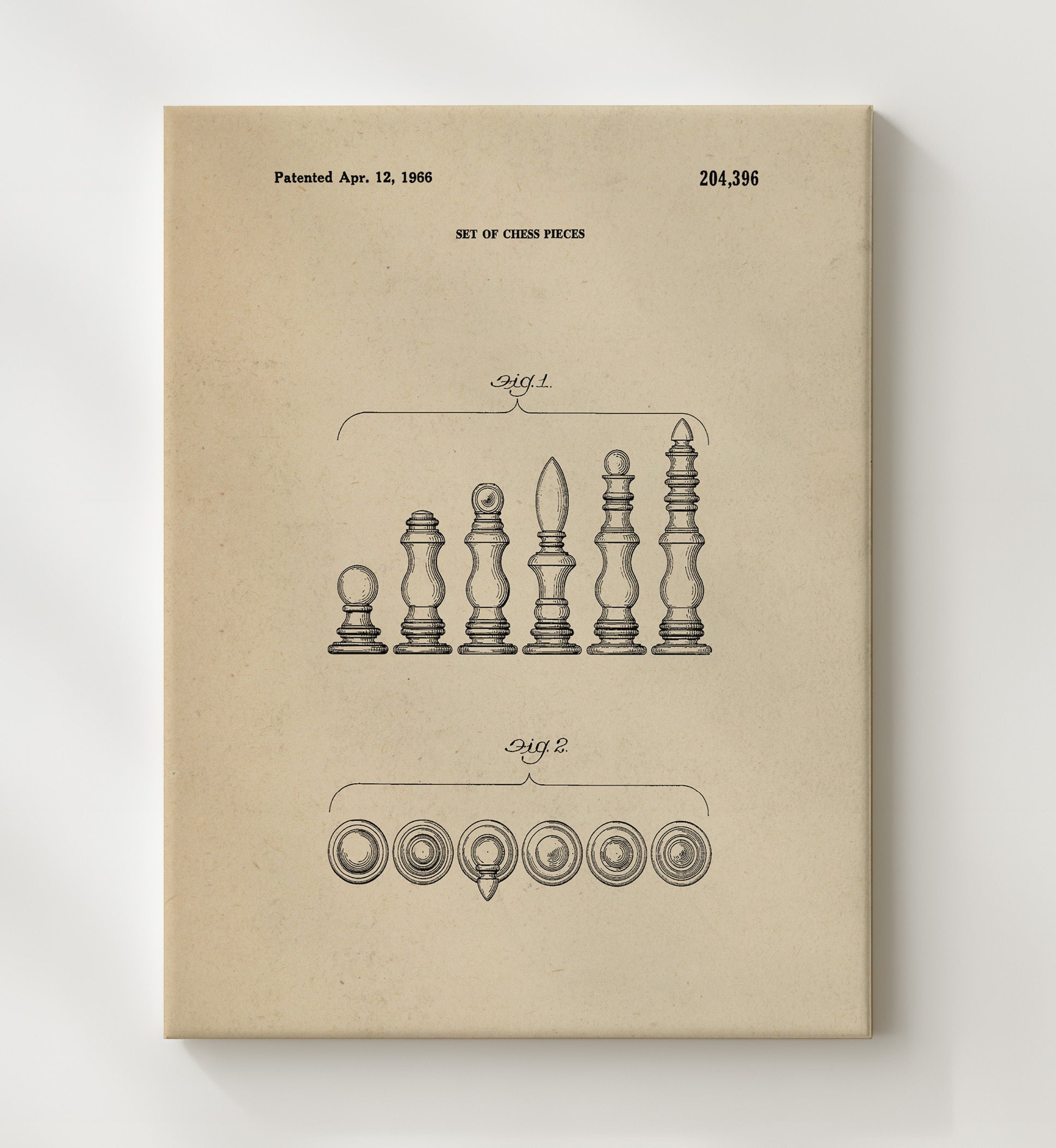 Patent Print - Chess Pieces Set - Unknown Inventor - 1966 - Patent D204396 Patent Wall Art