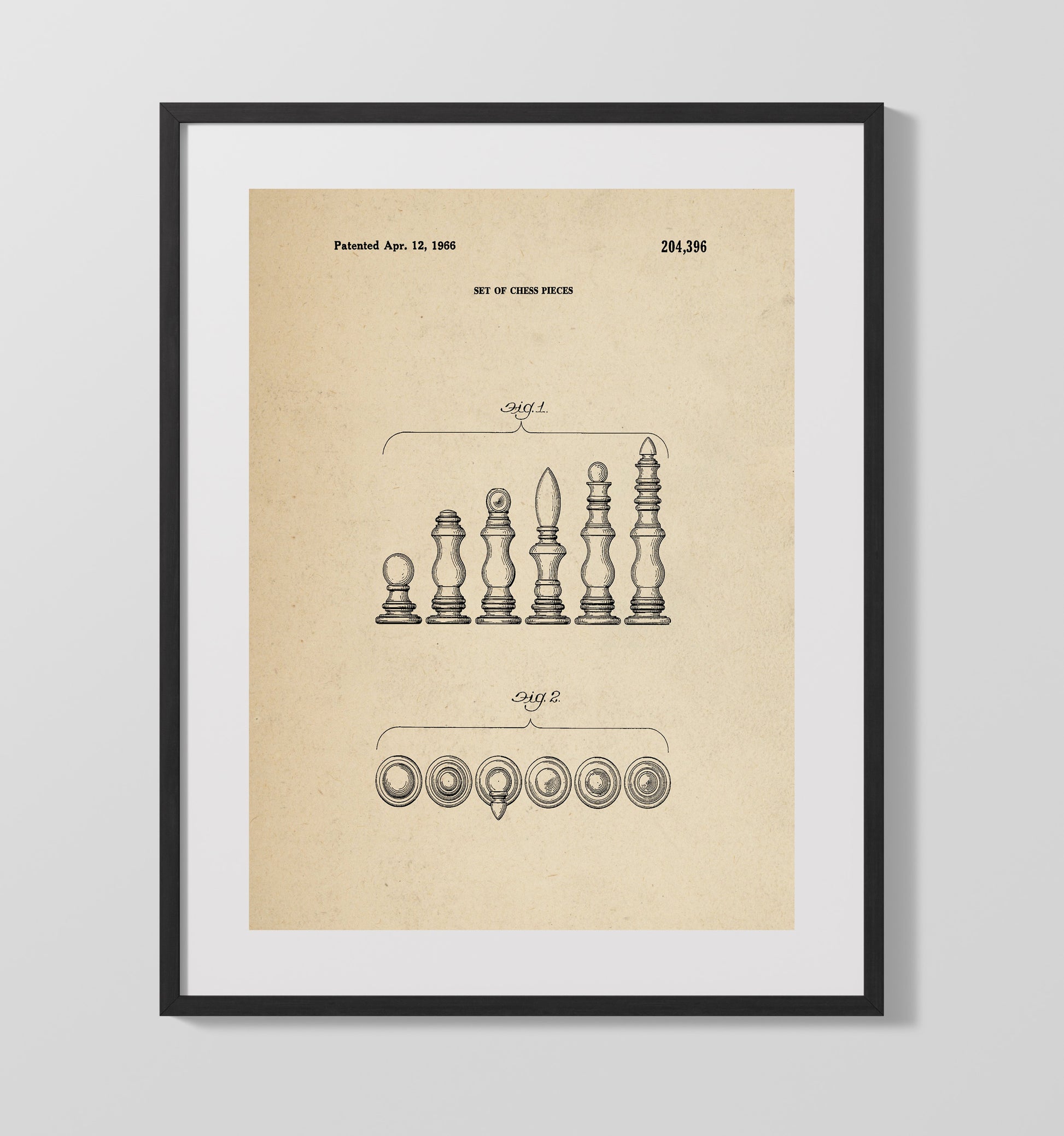 Patent Print - Chess Pieces Set - Unknown Inventor - 1966 - Patent D204396 Patent Wall Art