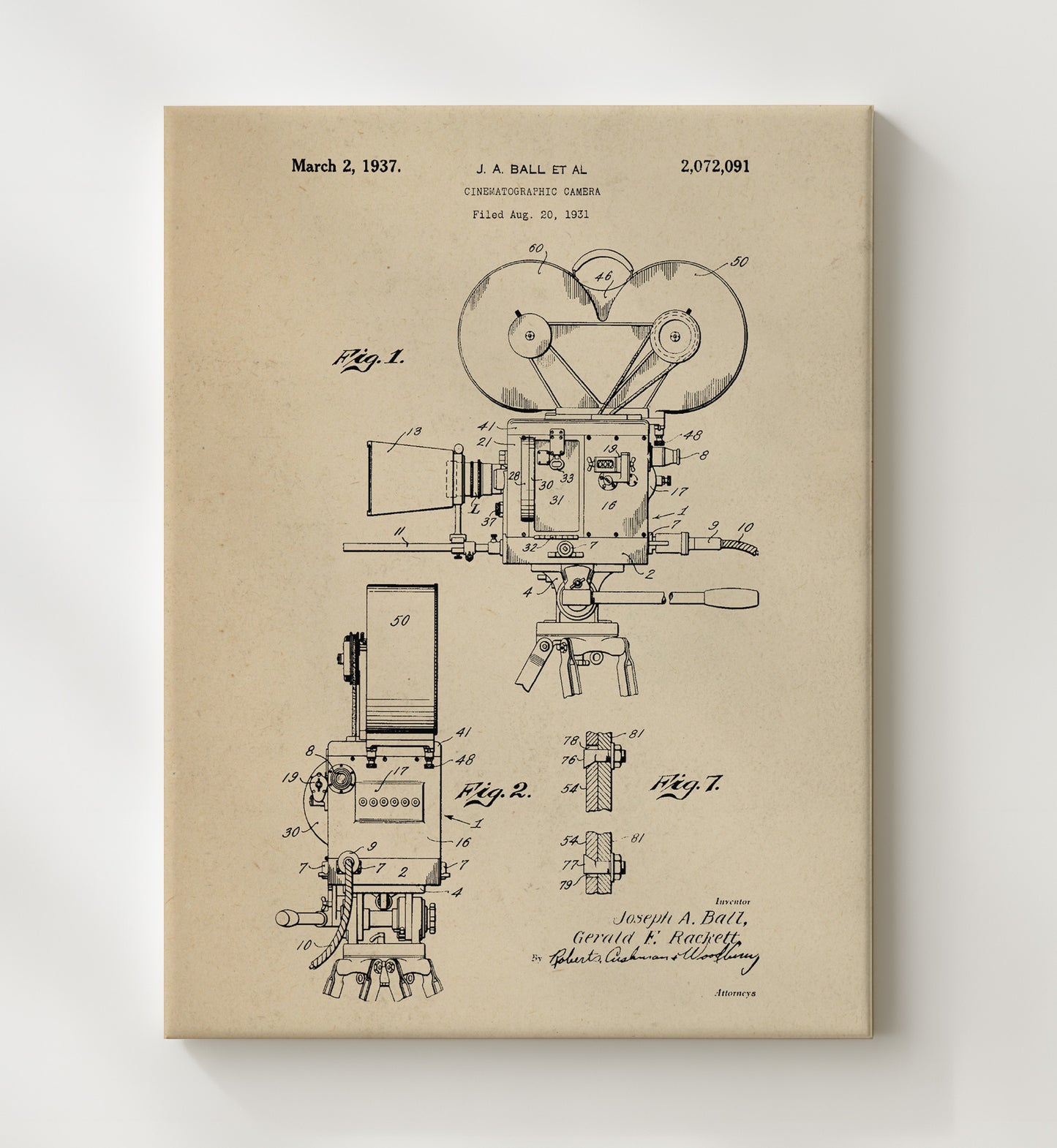 Patent Print - Cinematographic Camera - J.A. Ball Et Al - 1937 - Patent 2072091 Patent Wall Art