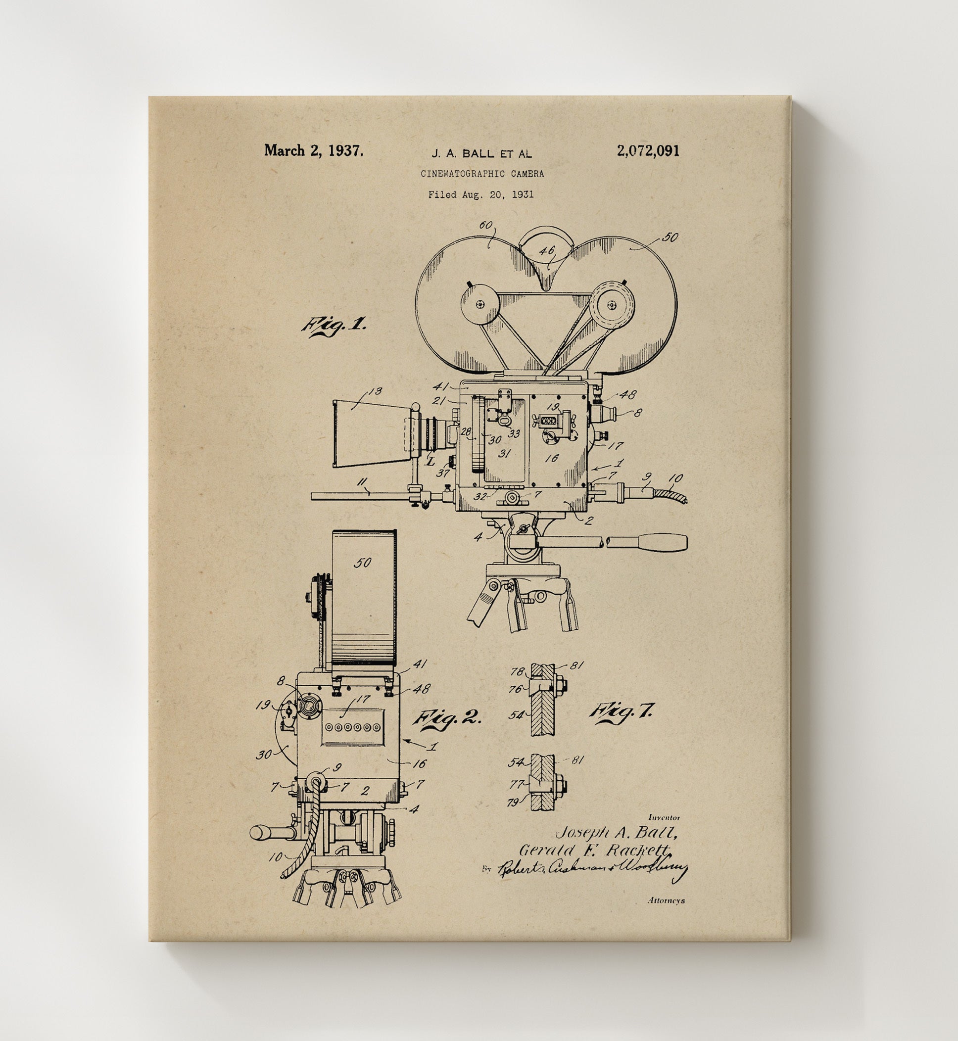 Patent Print - Cinematographic Camera - J.A. Ball Et Al - 1937 - Patent 2072091 Patent Wall Art