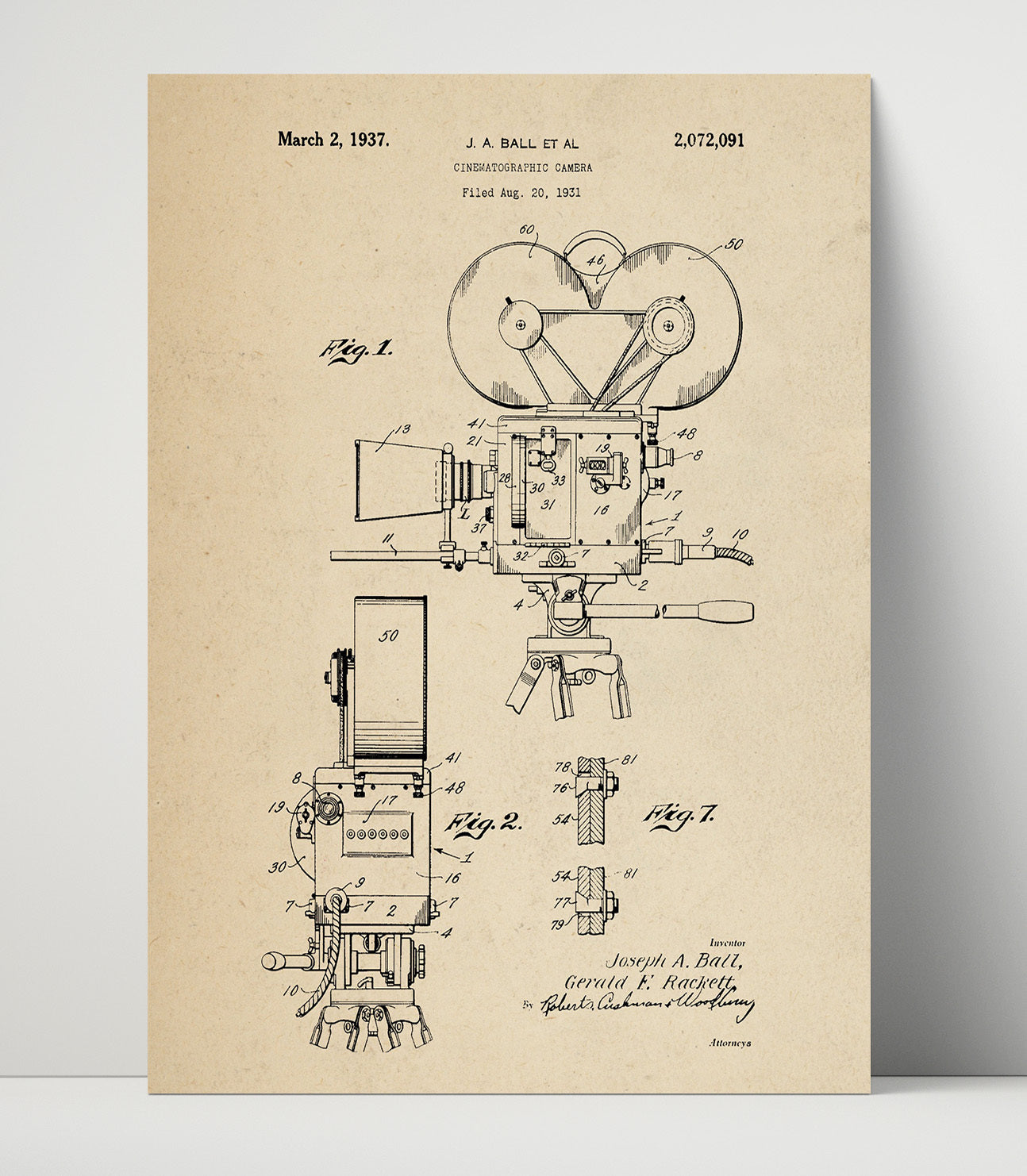 Patent Print - Cinematographic Camera - J.A. Ball Et Al - 1937 - Patent 2072091 Patent Wall Art
