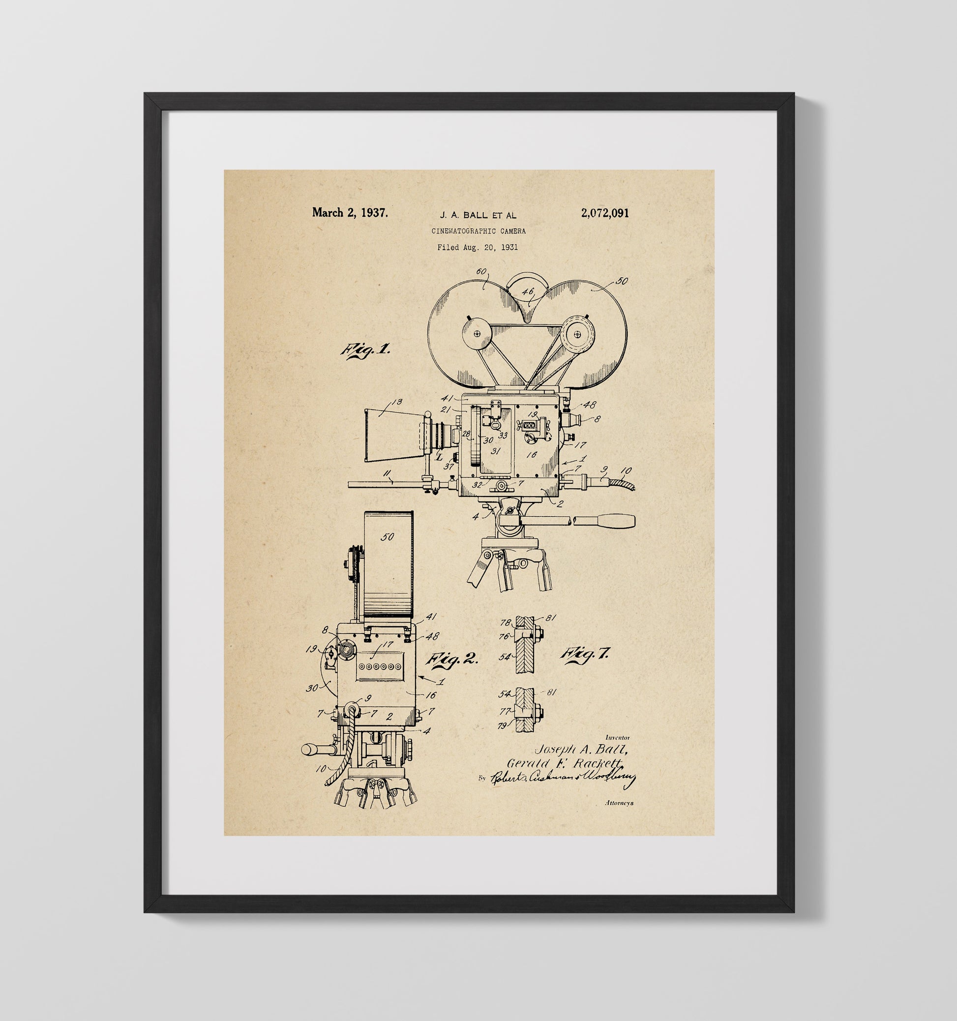 Patent Print - Cinematographic Camera - J.A. Ball Et Al - 1937 - Patent 2072091 Patent Wall Art