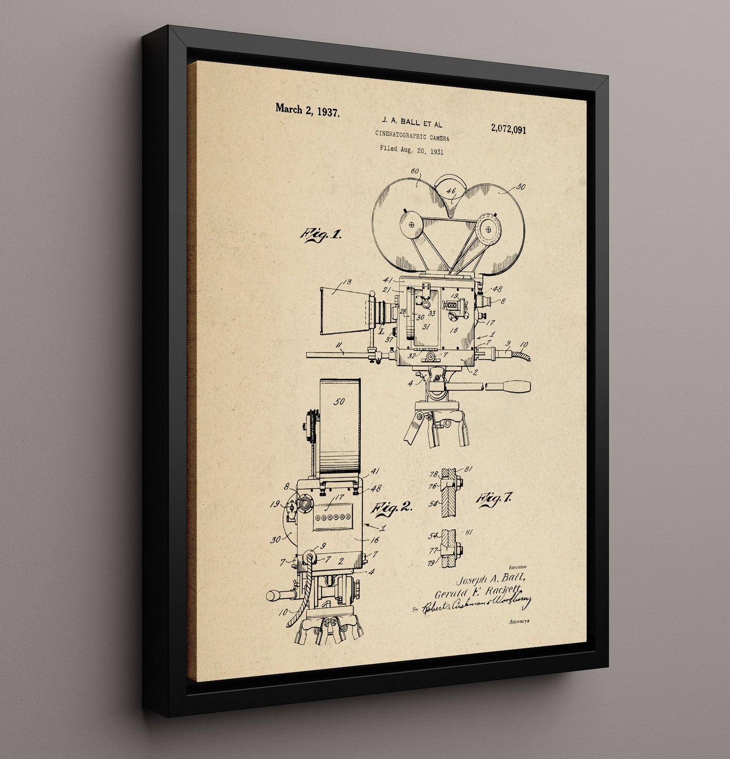 Patent Print - Cinematographic Camera - J.A. Ball Et Al - 1937 - Patent 2072091 Patent Wall Art
