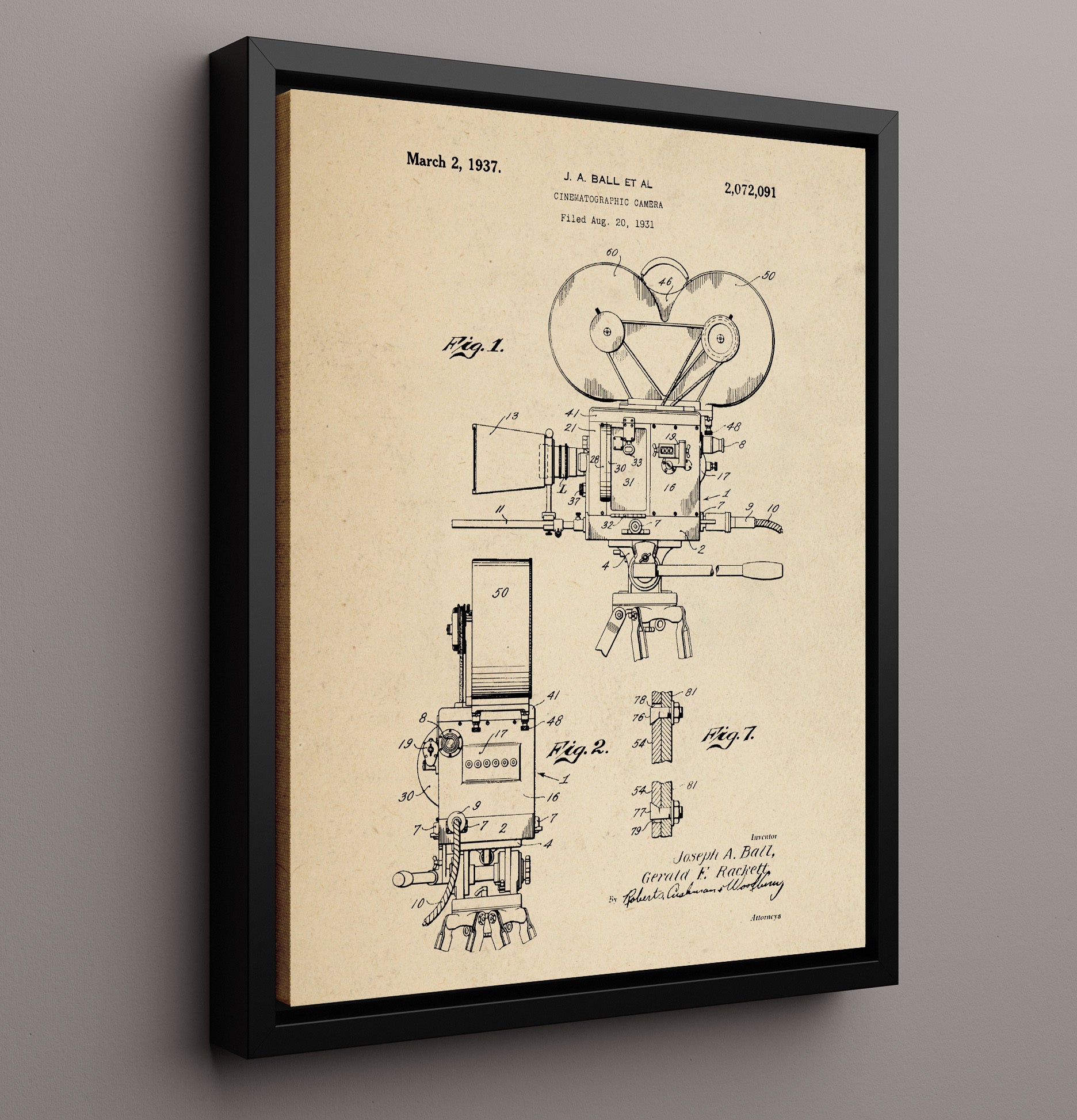 Patent Print - Cinematographic Camera - J.A. Ball Et Al - 1937 - Patent 2072091 Patent Wall Art