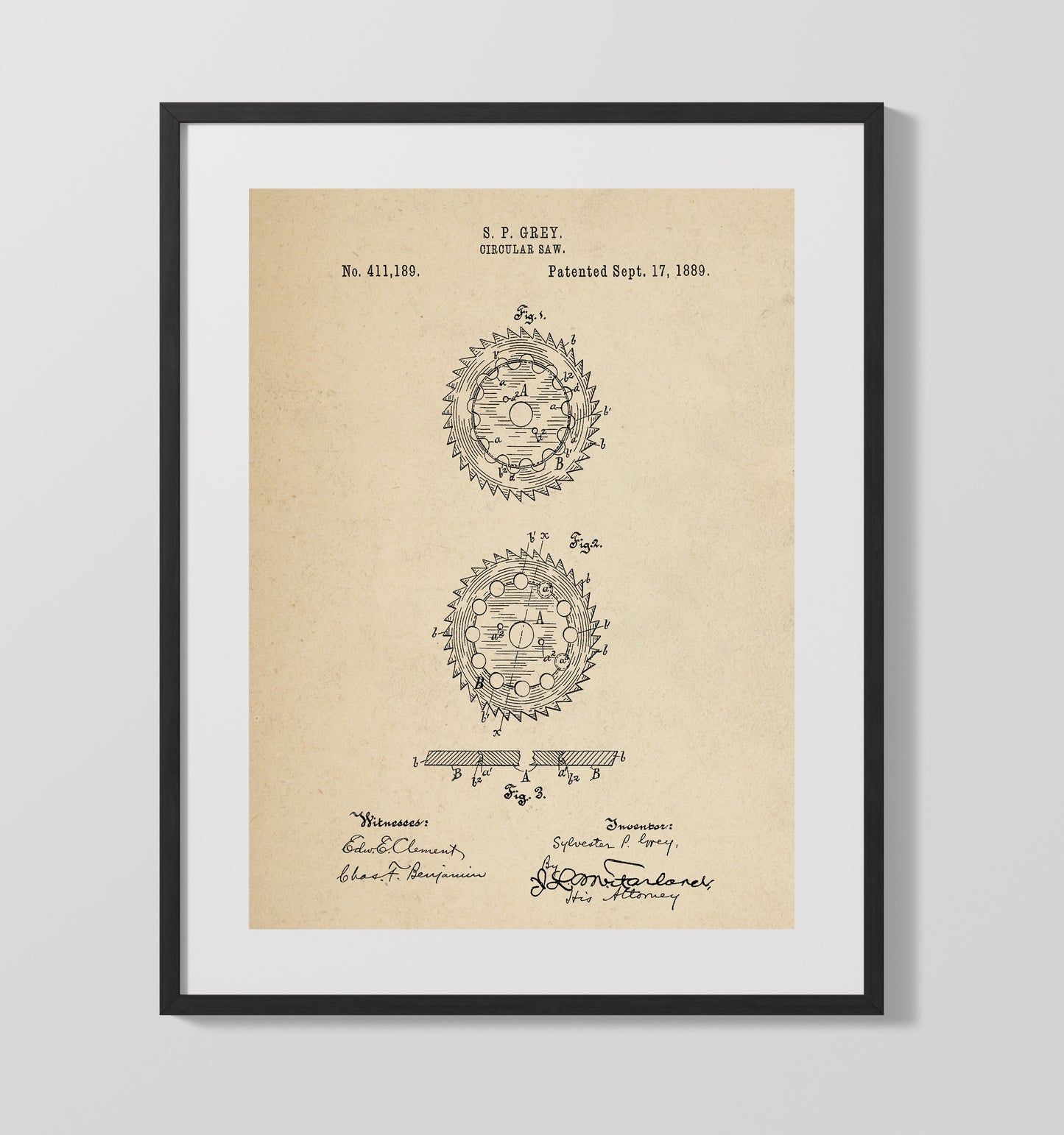 Patent Print - Circular Saw - S. P. Grey - 1889 - Patent 411189 Patent Wall Art