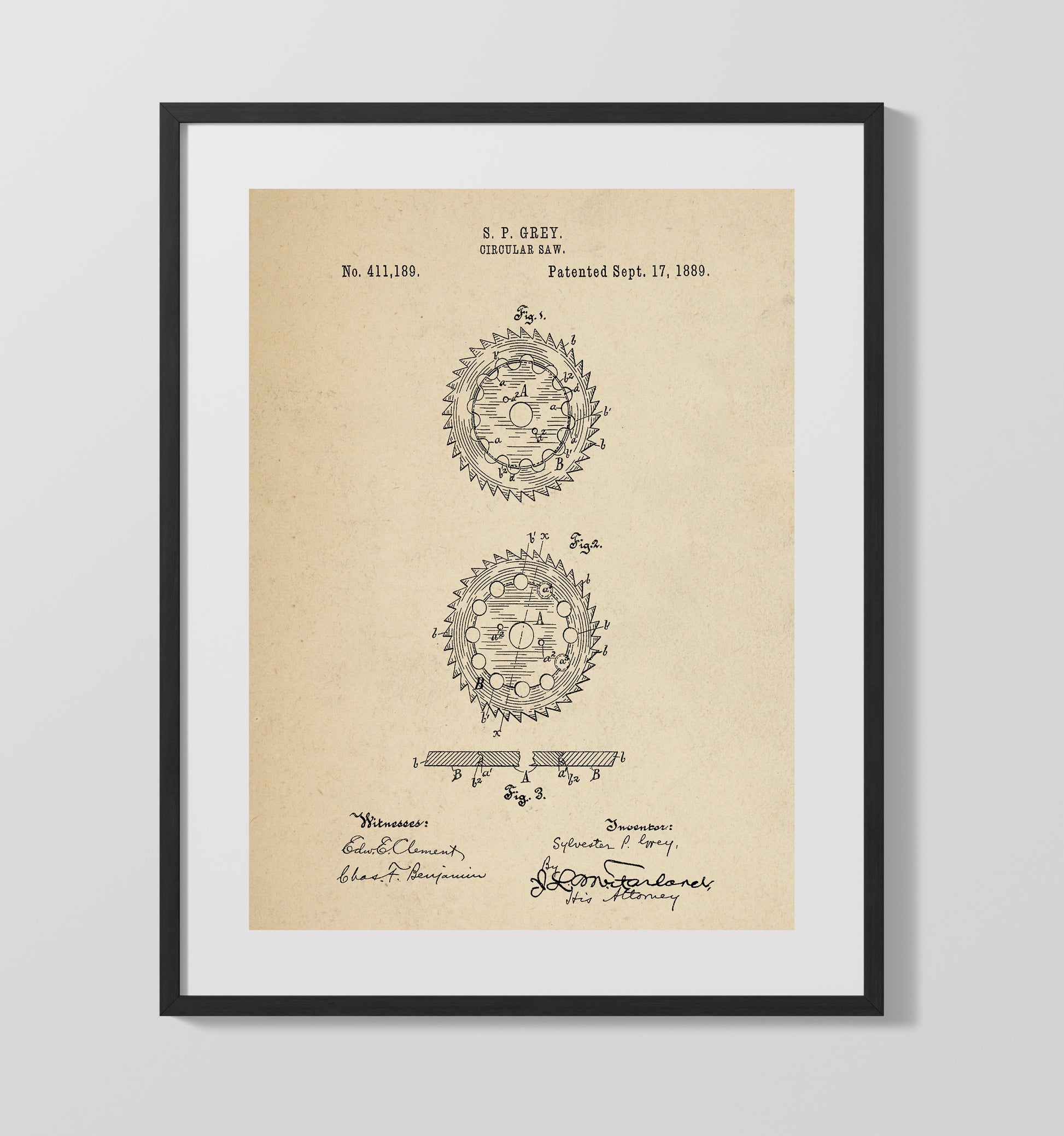 Patent Print - Circular Saw - S. P. Grey - 1889 - Patent 411189 Patent Wall Art