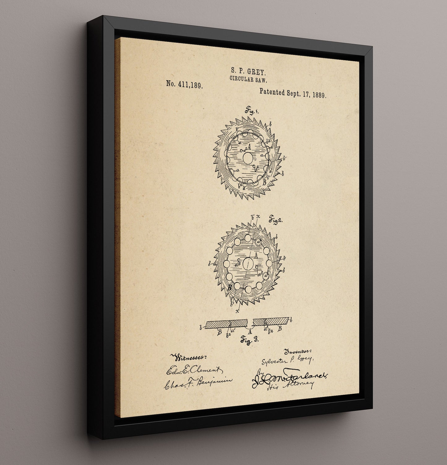 Patent Print - Circular Saw - S. P. Grey - 1889 - Patent 411189 Patent Wall Art