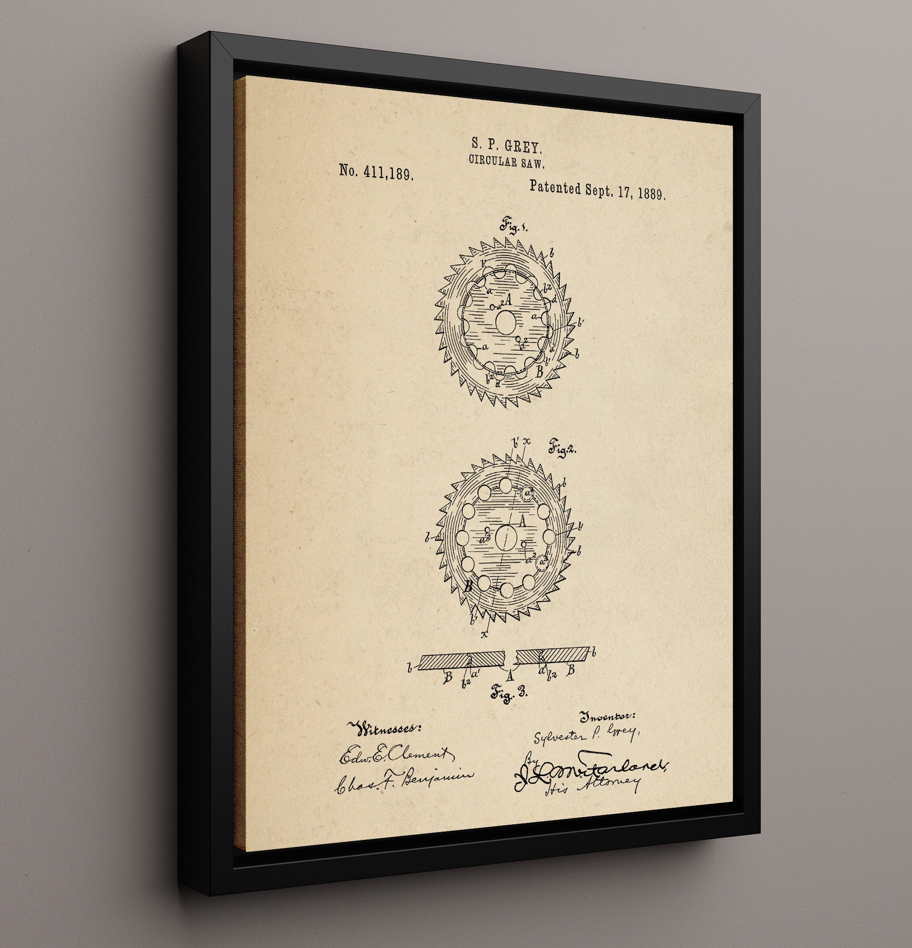 Patent Print - Circular Saw - S. P. Grey - 1889 - Patent 411189 Patent Wall Art