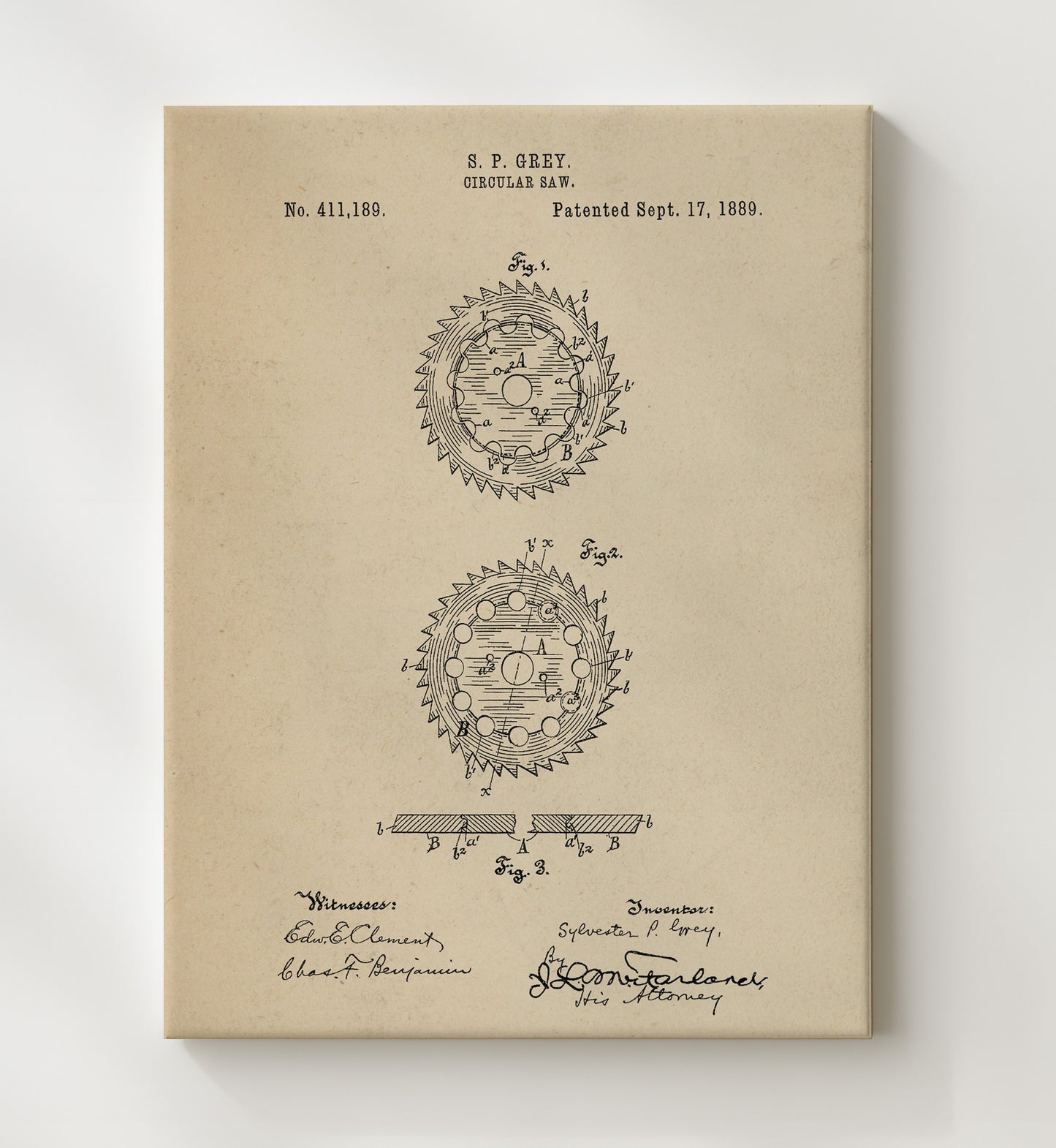 Patent Print - Circular Saw - S. P. Grey - 1889 - Patent 411189 Patent Wall Art