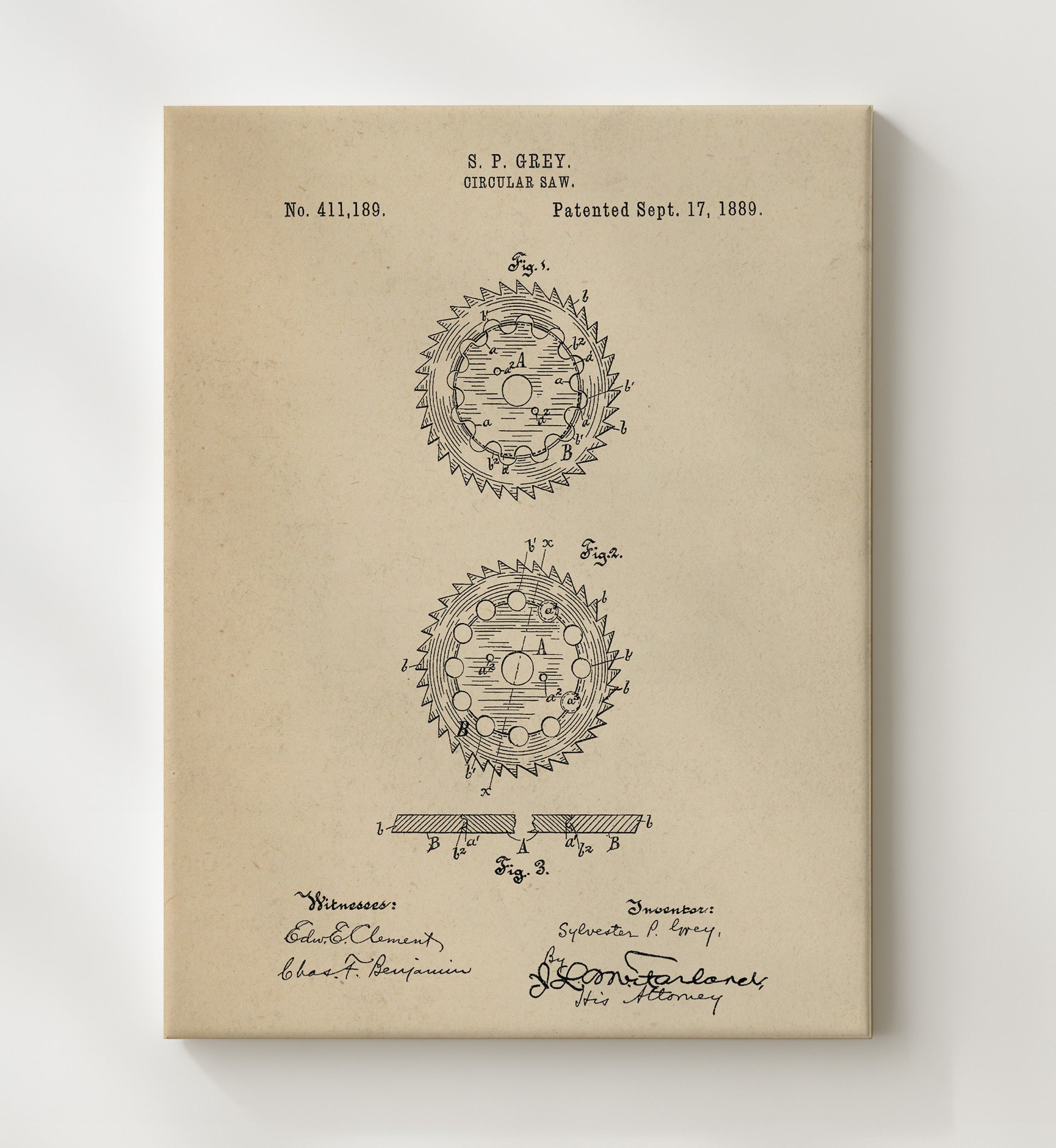 Patent Print - Circular Saw - S. P. Grey - 1889 - Patent 411189 Patent Wall Art