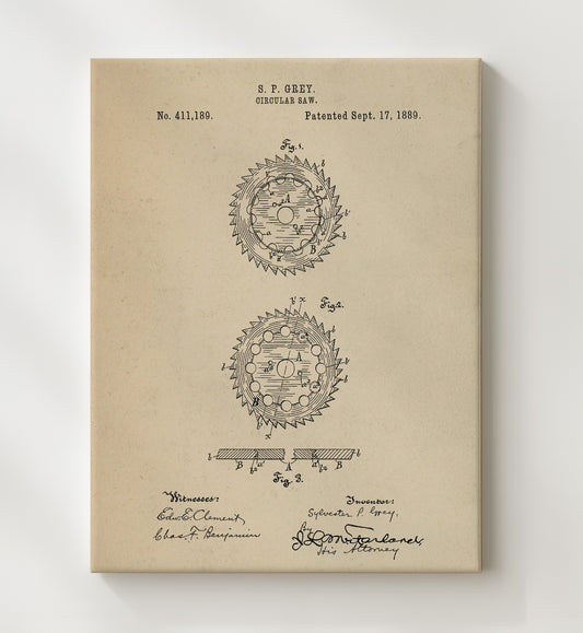 Circular Saw 1889 patent print wall art 8x10 Canvas