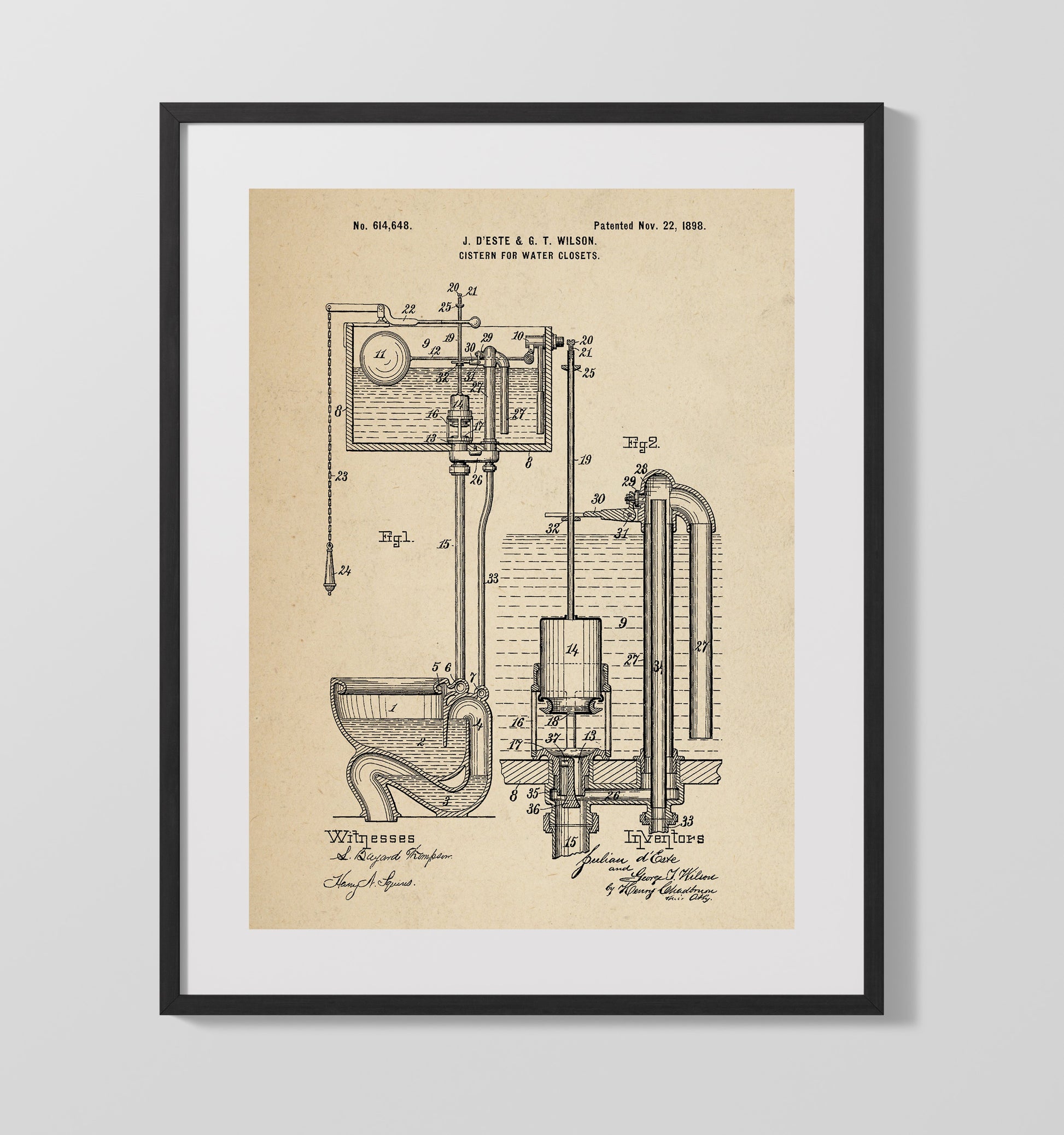 Patent Print - Cistern For Water Closets - Julian Deste And George T Wilson - 1898 - Patent 614648 Patent Wall Art