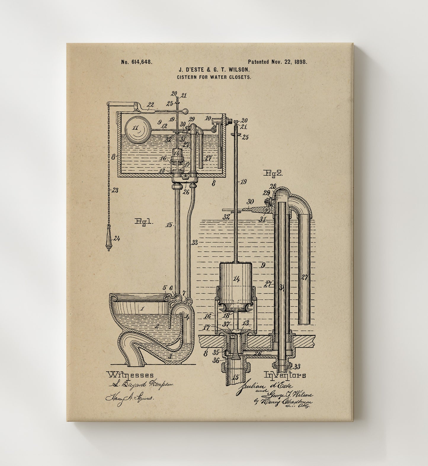 Patent Print - Cistern For Water Closets - Julian Deste And George T Wilson - 1898 - Patent 614648 Patent Wall Art