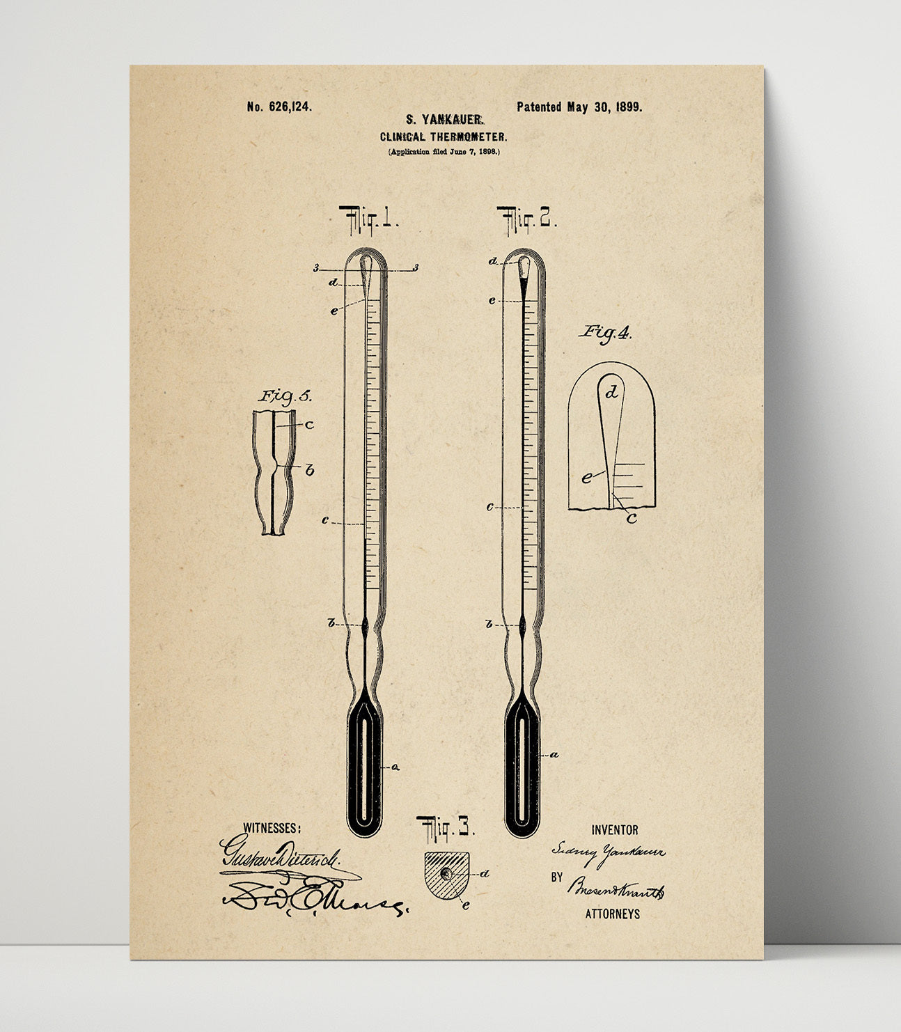 Patent Print - Clinical Thermometer - Sidney Yankauer - 1899 - Patent 626124 Patent Wall Art