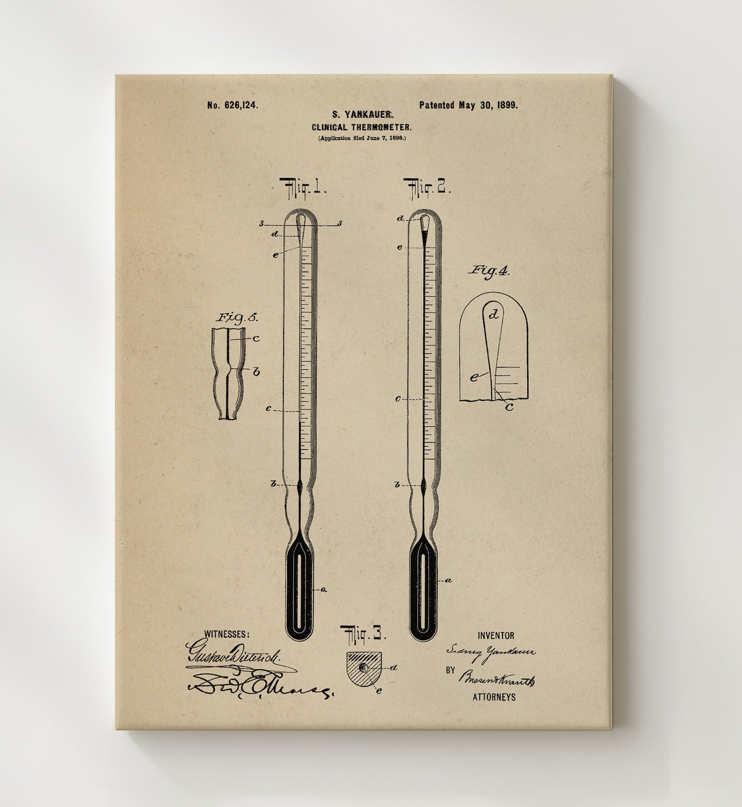 Patent Print - Clinical Thermometer - Sidney Yankauer - 1899 - Patent 626124 Patent Wall Art