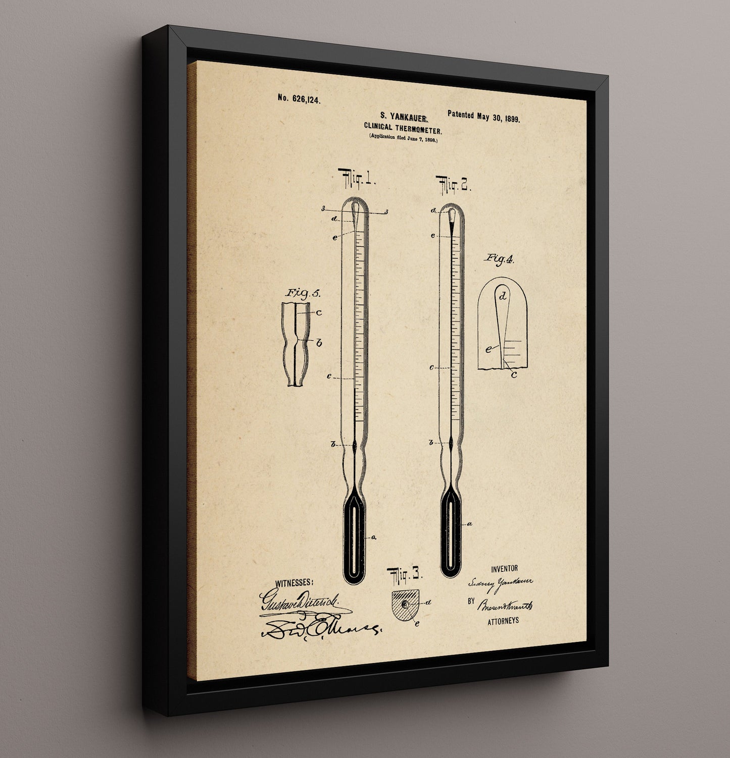 Patent Print - Clinical Thermometer - Sidney Yankauer - 1899 - Patent 626124 Patent Wall Art