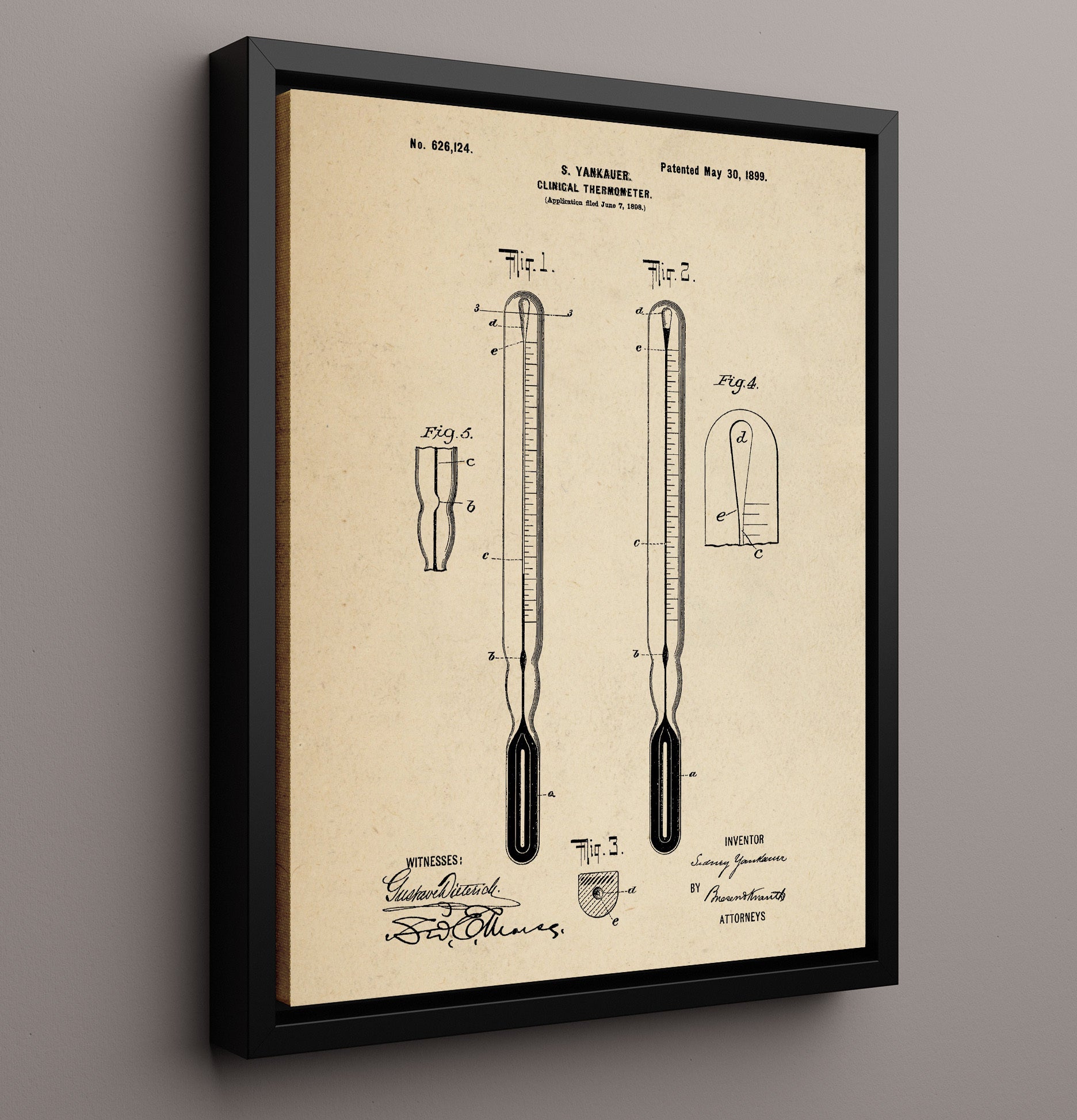 Patent Print - Clinical Thermometer - Sidney Yankauer - 1899 - Patent 626124 Patent Wall Art