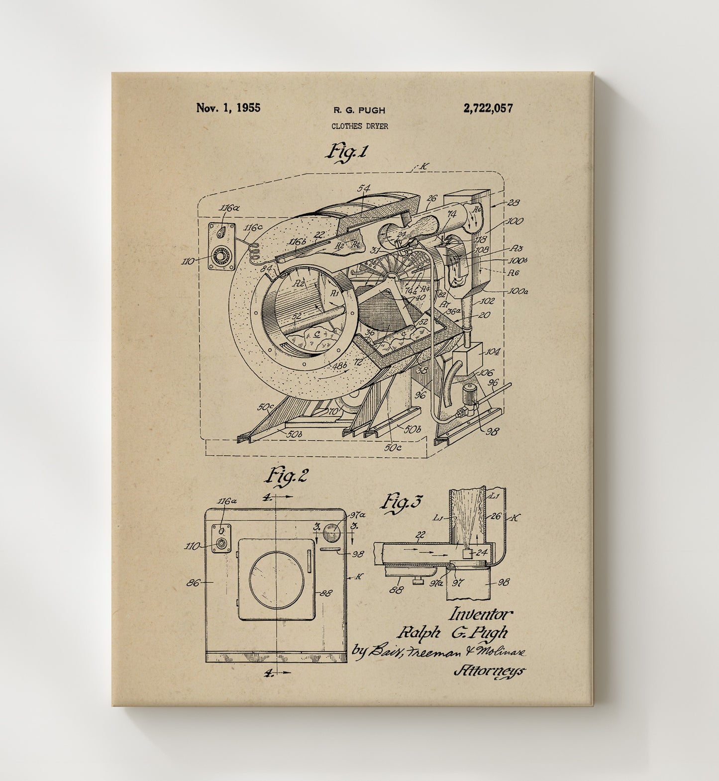 Patent Print - Clothes Dryer - Ralph G. Pugh - 1955 - Patent 2722057 Patent Wall Art