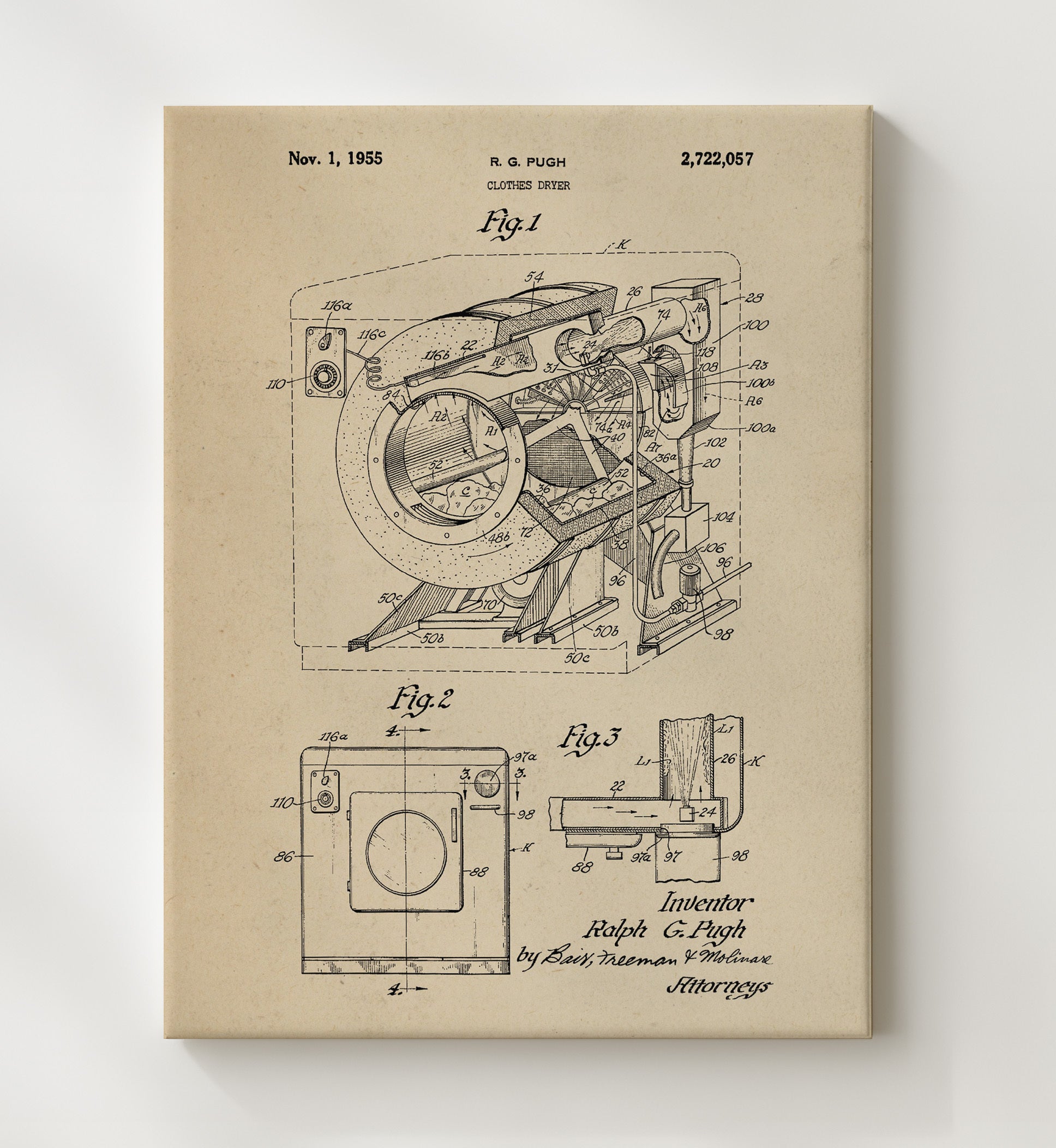 Patent Print - Clothes Dryer - Ralph G. Pugh - 1955 - Patent 2722057 Patent Wall Art