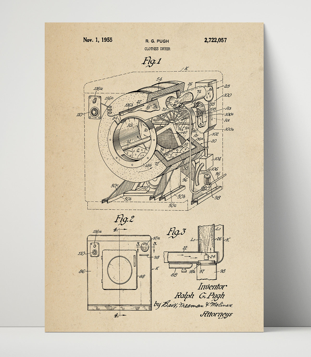 Patent Print - Clothes Dryer - Ralph G. Pugh - 1955 - Patent 2722057 Patent Wall Art
