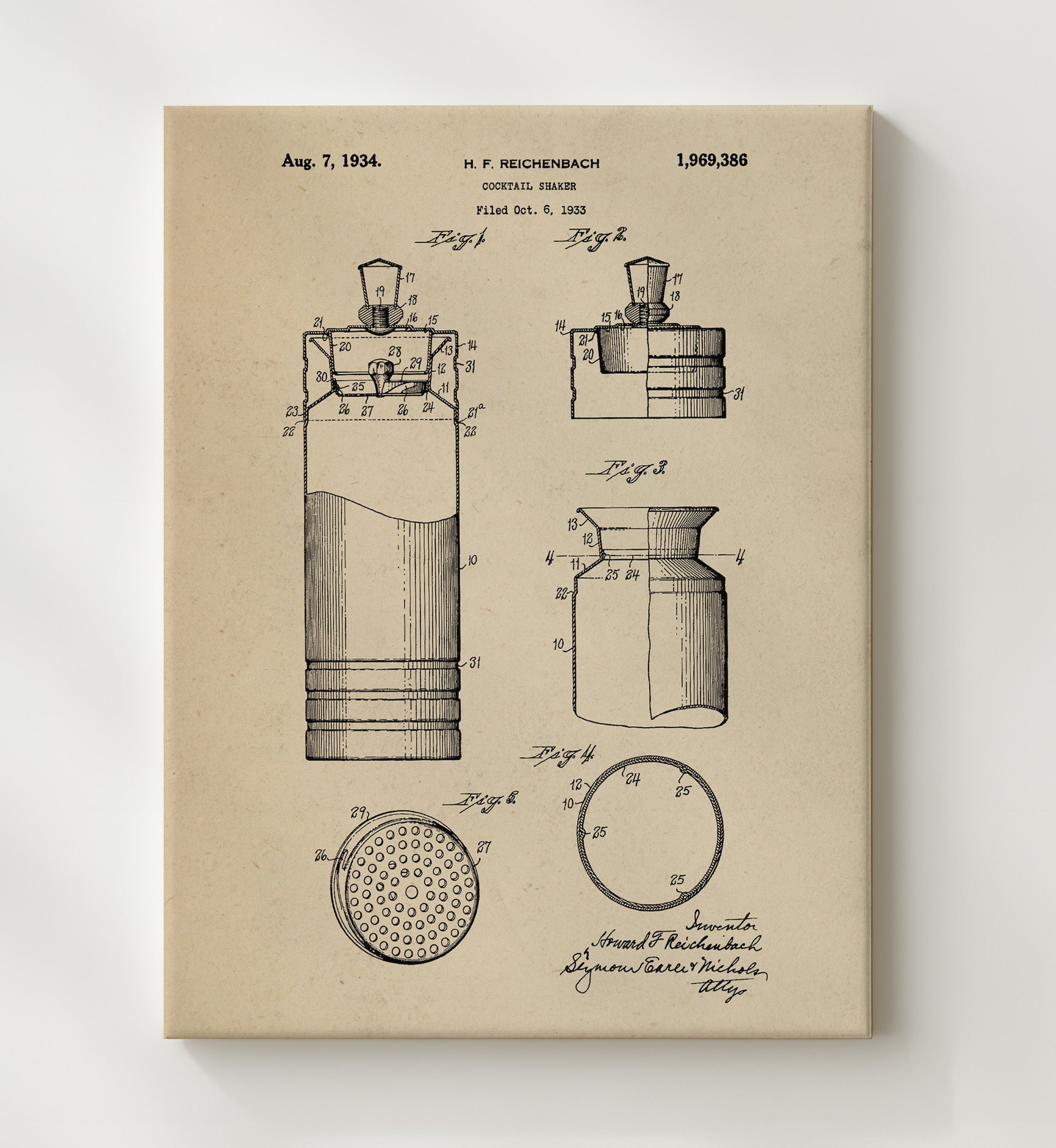 Patent Print - Cocktail Shaker - 1934 - Patent 1969386 Patent Wall Art