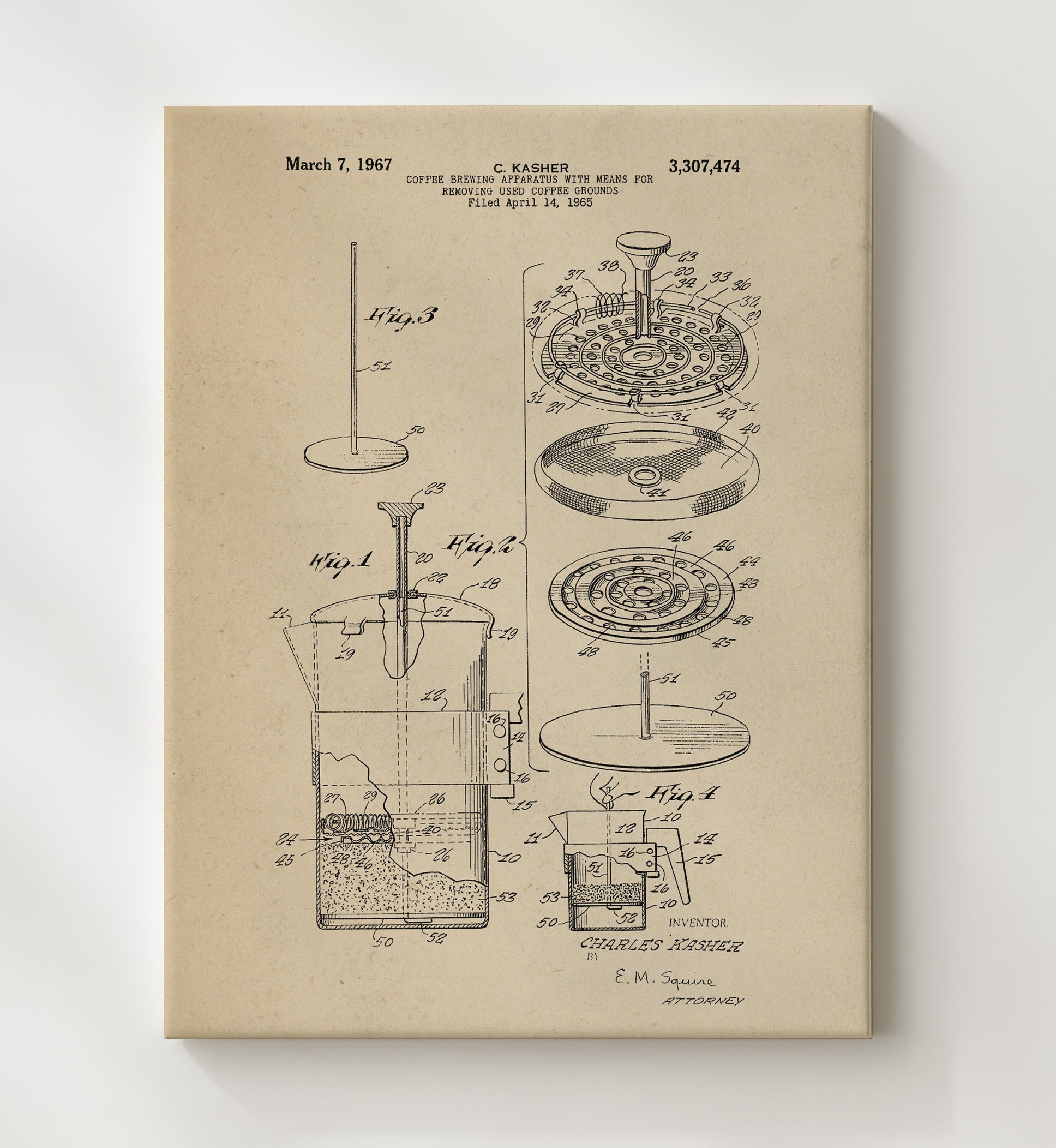 Patent Print - Coffee Brewing Apparatus - Charles Kasher - 1967 - Patent 3307474 Patent Wall Art
