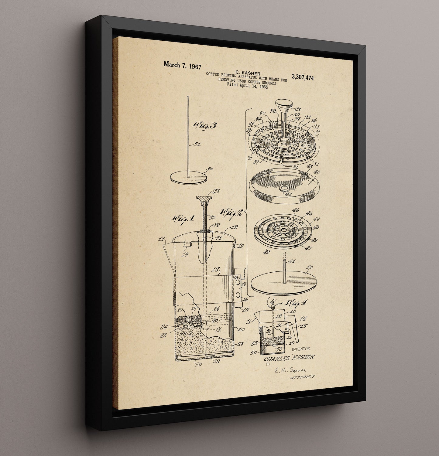 Patent Print - Coffee Brewing Apparatus - Charles Kasher - 1967 - Patent 3307474 Patent Wall Art