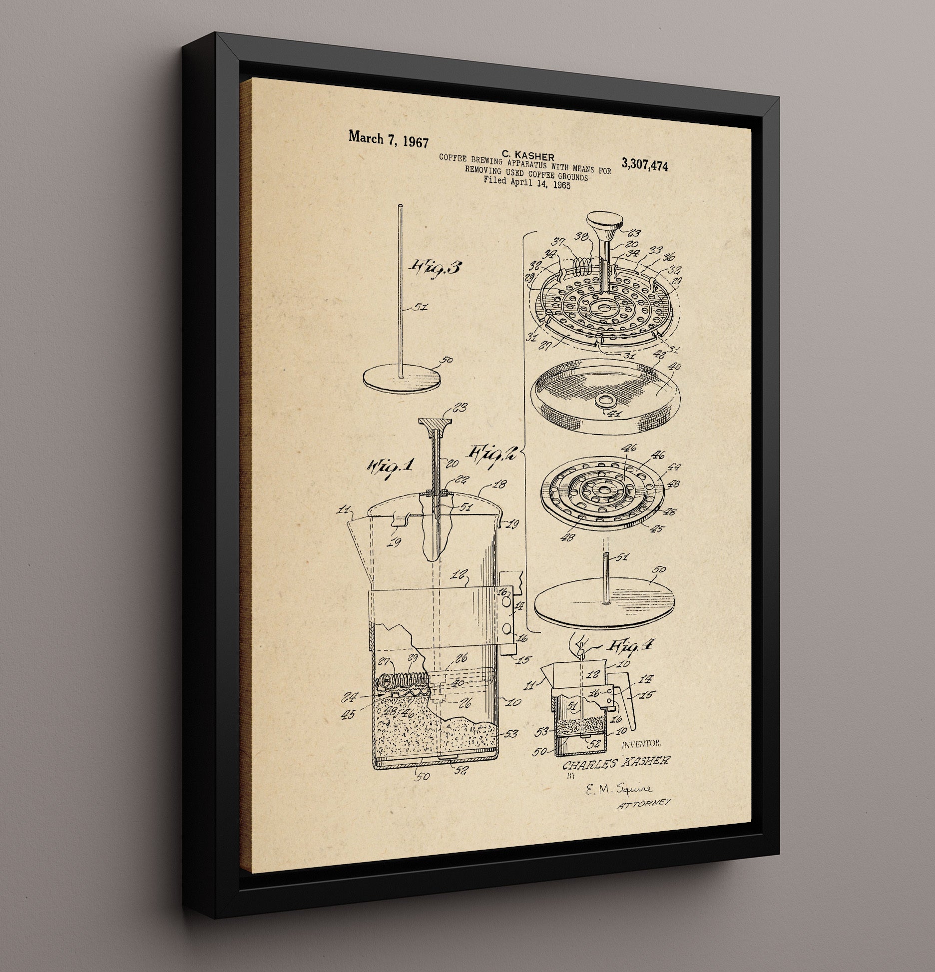 Patent Print - Coffee Brewing Apparatus - Charles Kasher - 1967 - Patent 3307474 Patent Wall Art