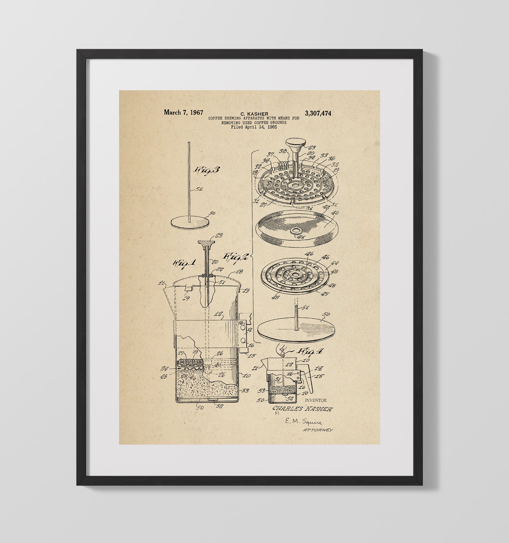 Patent Print - Coffee Brewing Apparatus - Charles Kasher - 1967 - Patent 3307474 Patent Wall Art