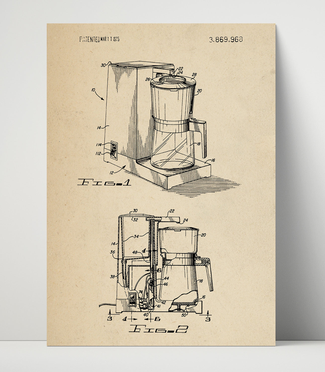 Patent Print - Coffee Maker - Unknown Inventor - 1975 - Patent 3869968 Patent Wall Art