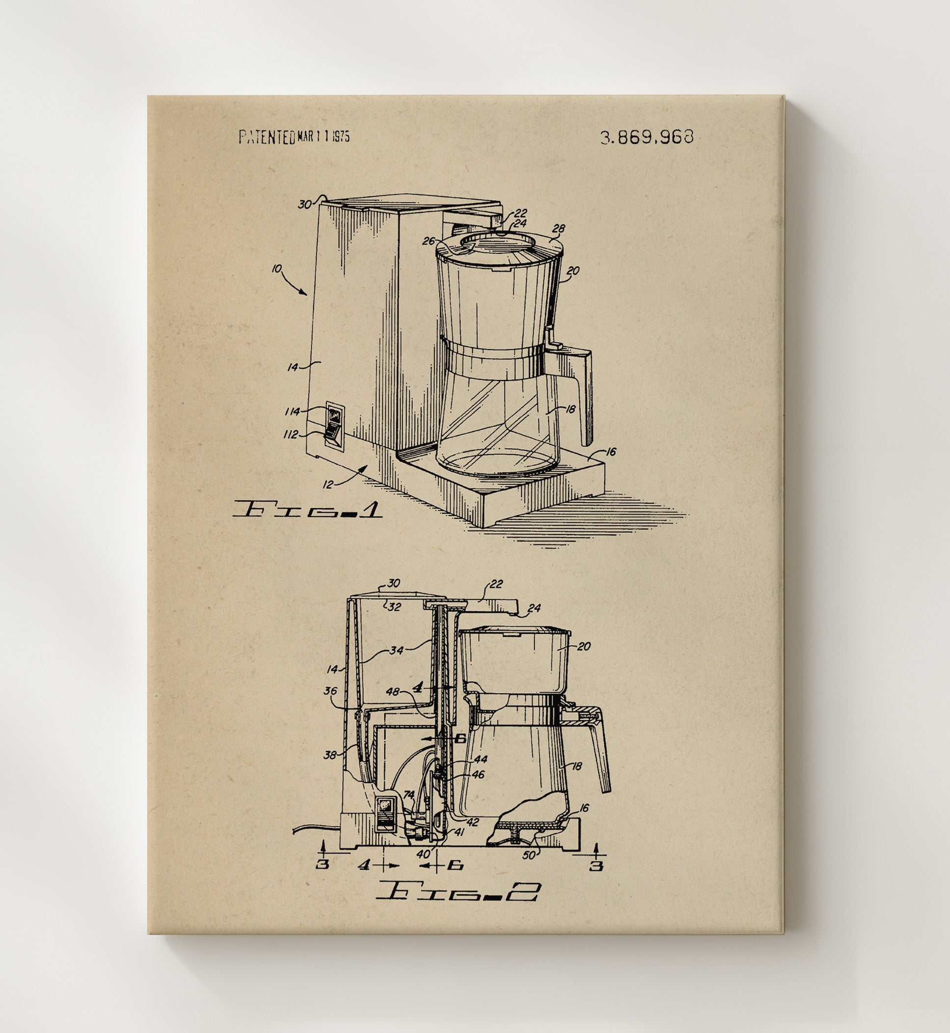 Patent Print - Coffee Maker - Unknown Inventor - 1975 - Patent 3869968 Patent Wall Art