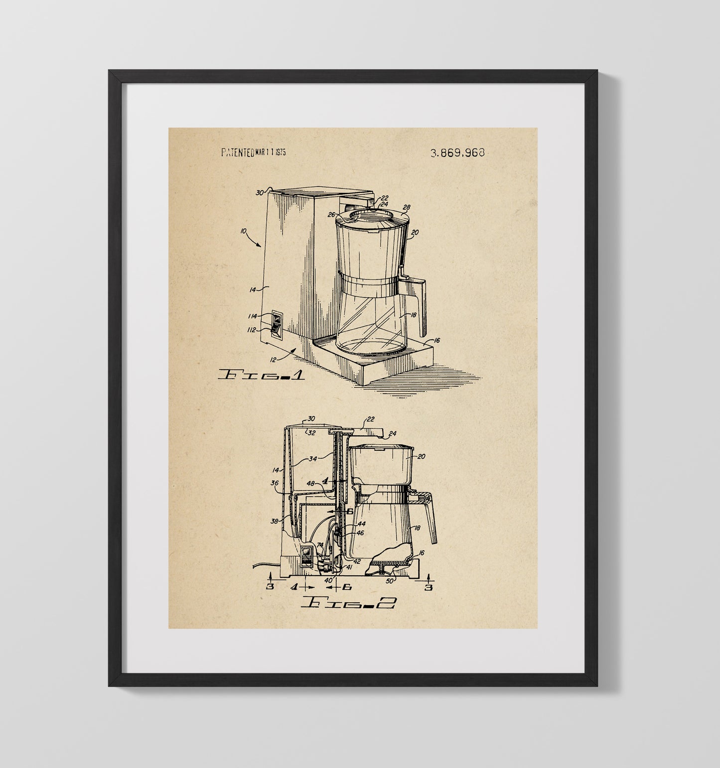 Patent Print - Coffee Maker - Unknown Inventor - 1975 - Patent 3869968 Patent Wall Art