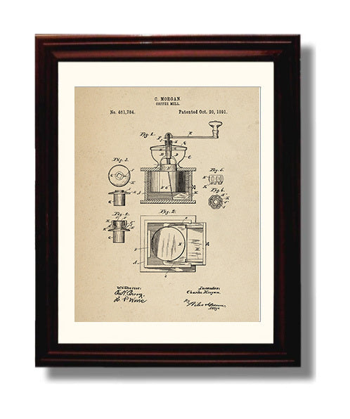 Patent Print - Coffee Mill - C. Morgan - 1891 - Patent 461784 Patent Wall Art