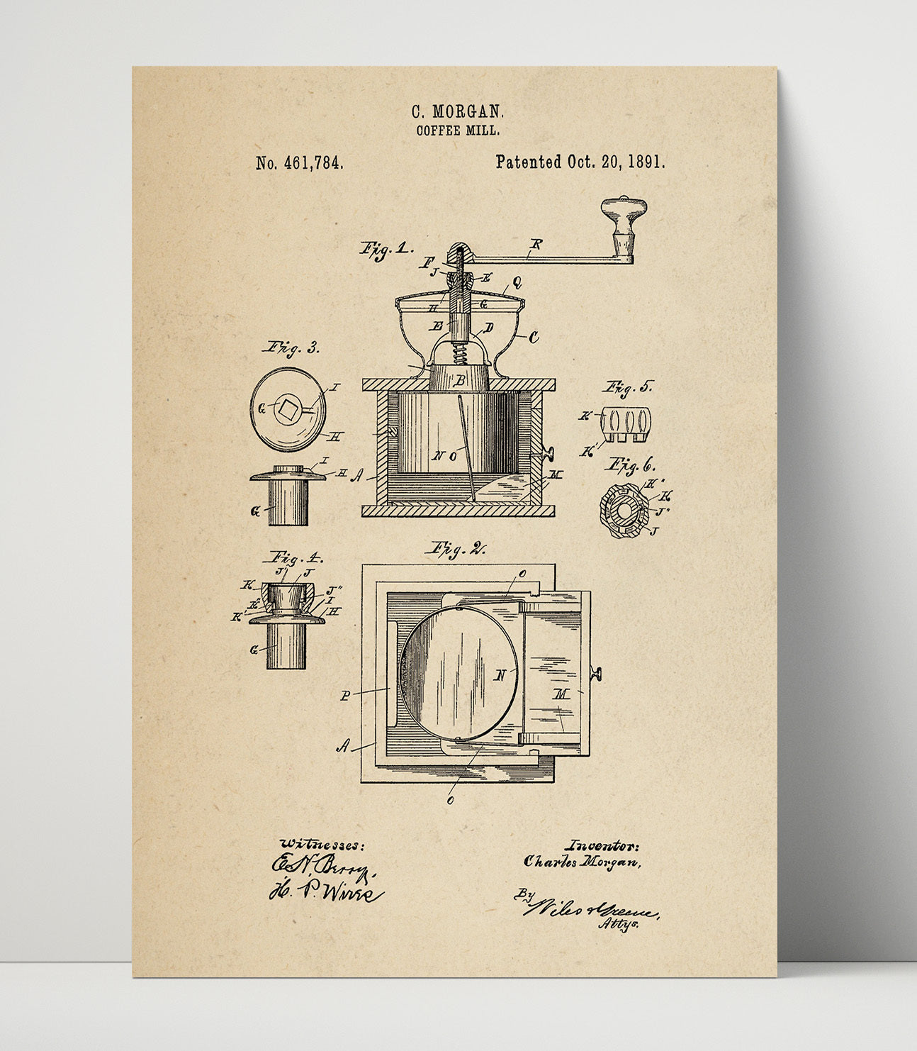 Patent Print - Coffee Mill - C. Morgan - 1891 - Patent 461784 Patent Wall Art