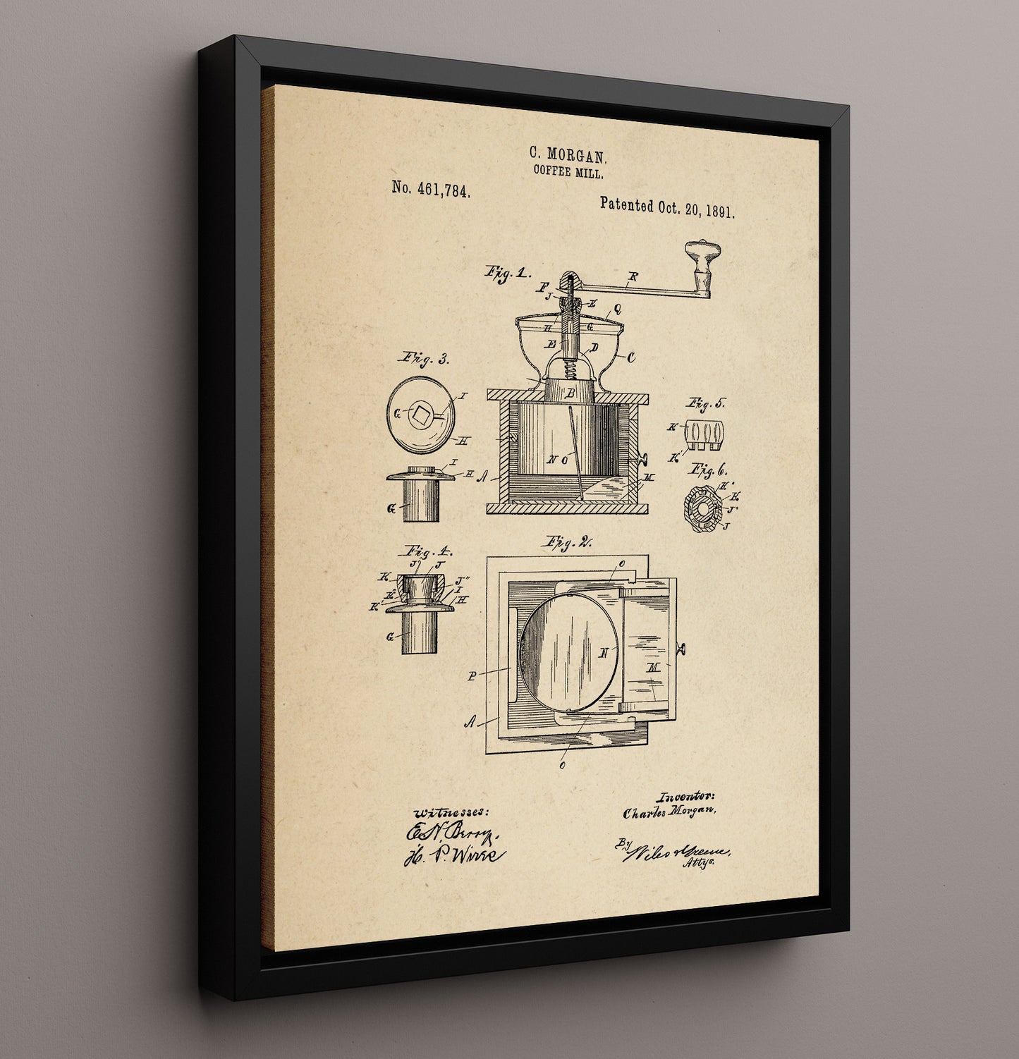 Patent Print - Coffee Mill - C. Morgan - 1891 - Patent 461784 Patent Wall Art