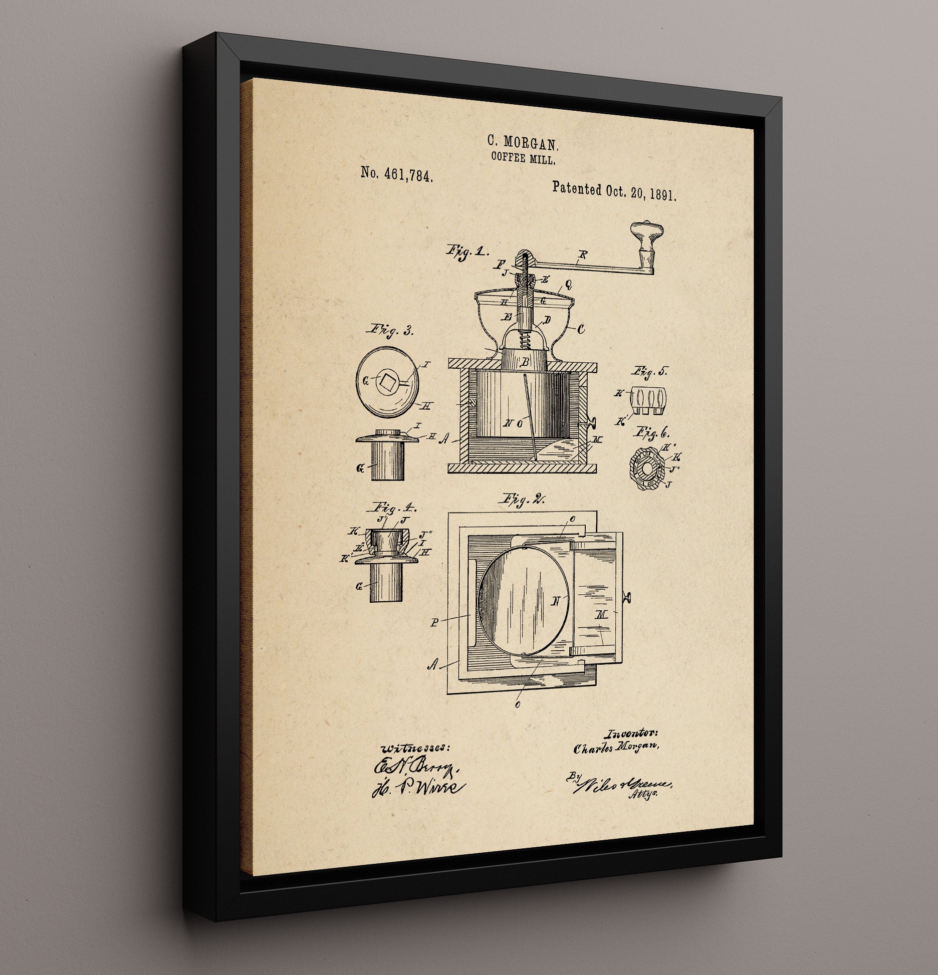 Patent Print - Coffee Mill - C. Morgan - 1891 - Patent 461784 Patent Wall Art