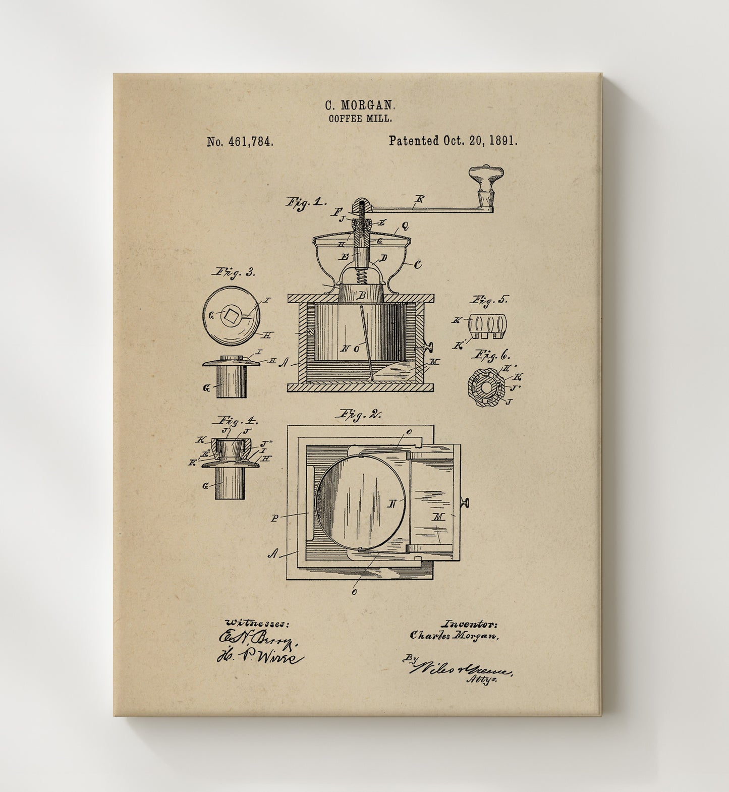 Patent Print - Coffee Mill - C. Morgan - 1891 - Patent 461784 Patent Wall Art