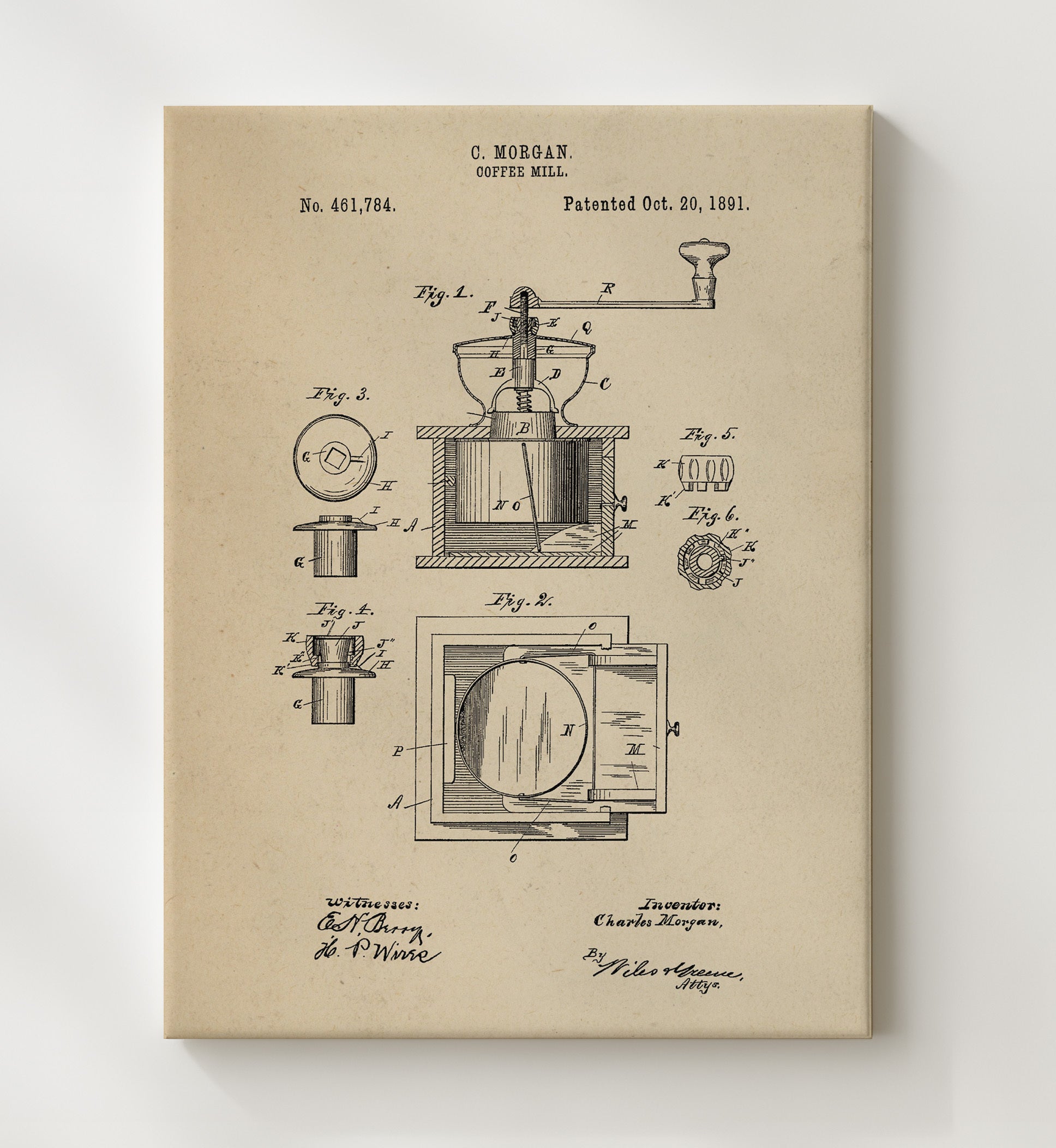 Patent Print - Coffee Mill - C. Morgan - 1891 - Patent 461784 Patent Wall Art