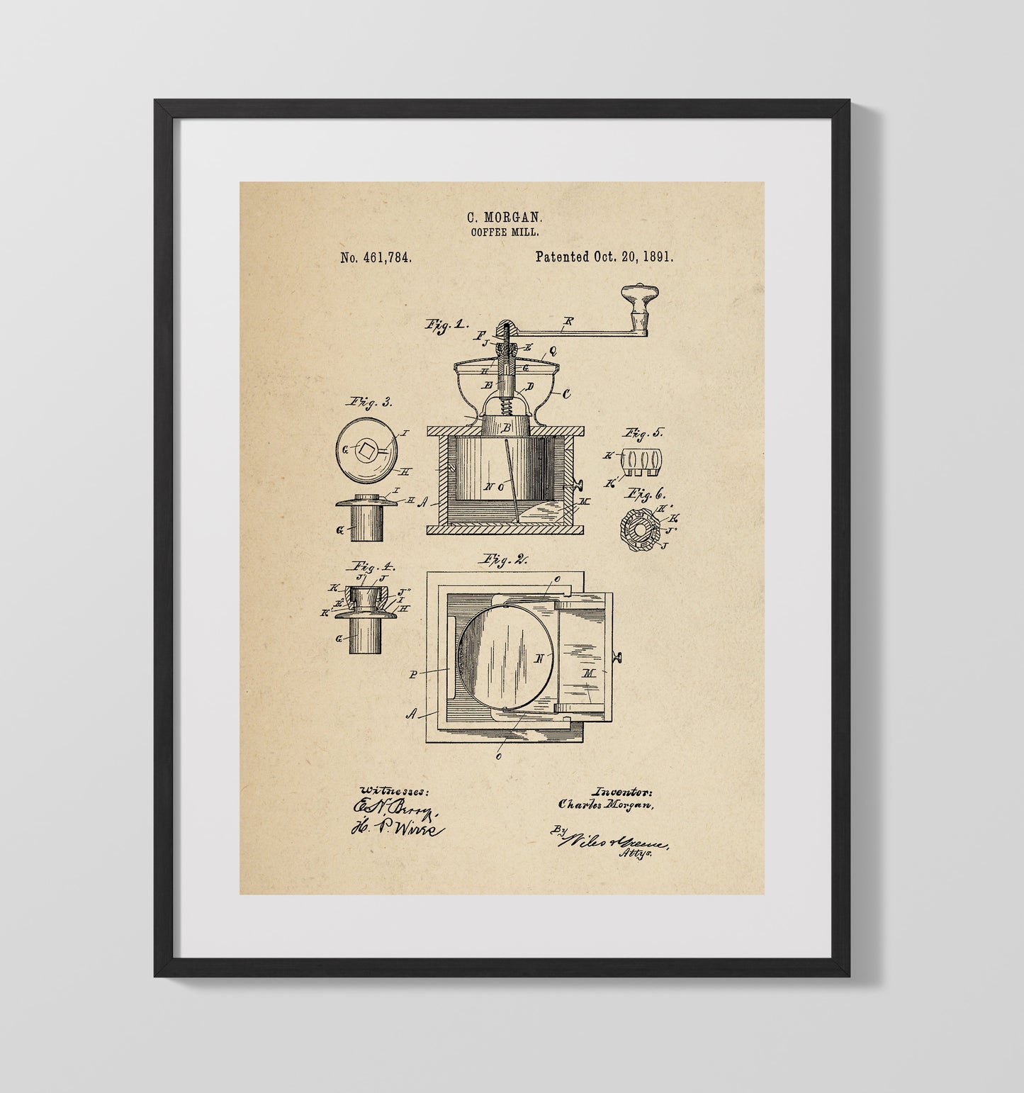 Patent Print - Coffee Mill - C. Morgan - 1891 - Patent 461784 Patent Wall Art