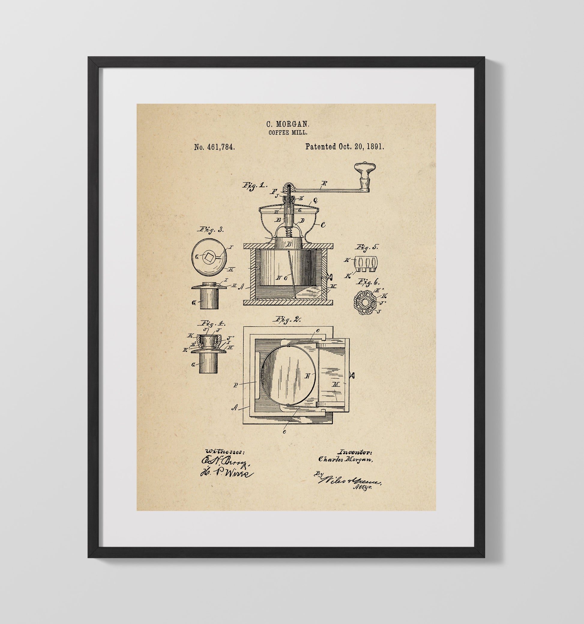 Patent Print - Coffee Mill - C. Morgan - 1891 - Patent 461784 Patent Wall Art