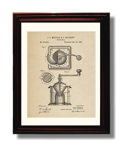 Patent Print - Coffee Mill - J.C. Milligan And J. Chaumont - 1885 - Patent 312493 Patent Wall Art