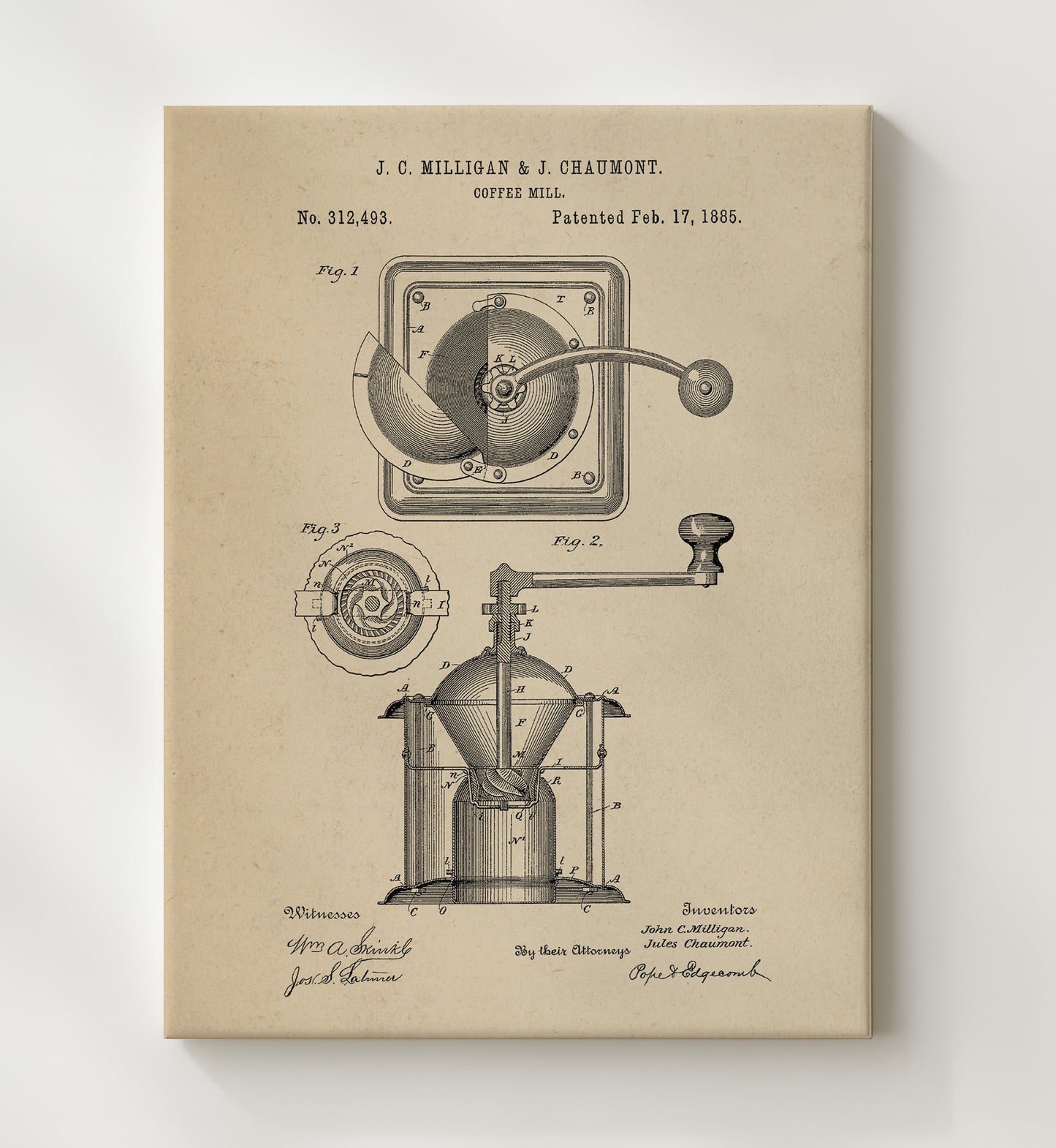 Patent Print - Coffee Mill - J.C. Milligan And J. Chaumont - 1885 - Patent 312493 Patent Wall Art