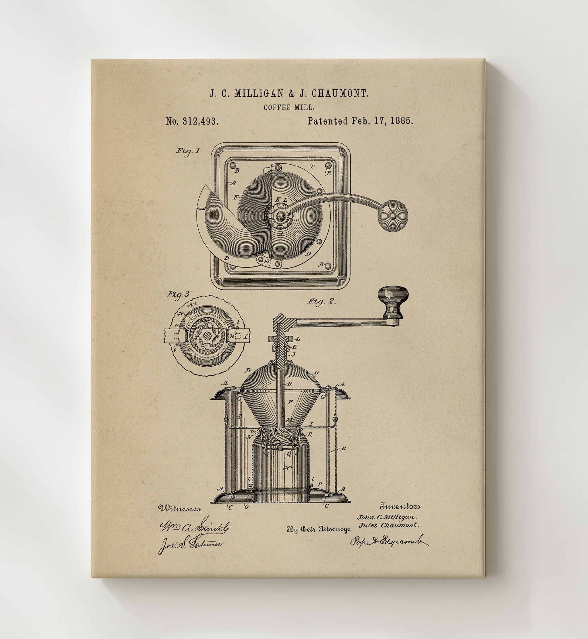 Patent Print - Coffee Mill - J.C. Milligan And J. Chaumont - 1885 - Patent 312493 Patent Wall Art