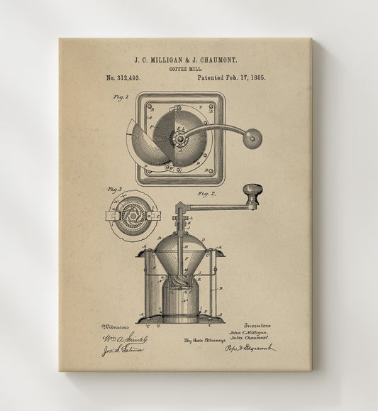 Coffee Mill 1885 patent print wall art 8x10 Canvas