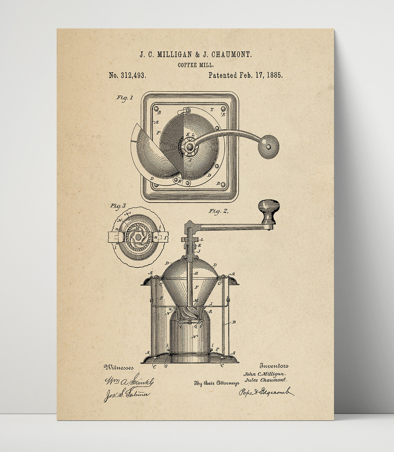 Patent Print - Coffee Mill - J.C. Milligan And J. Chaumont - 1885 - Patent 312493 Patent Wall Art
