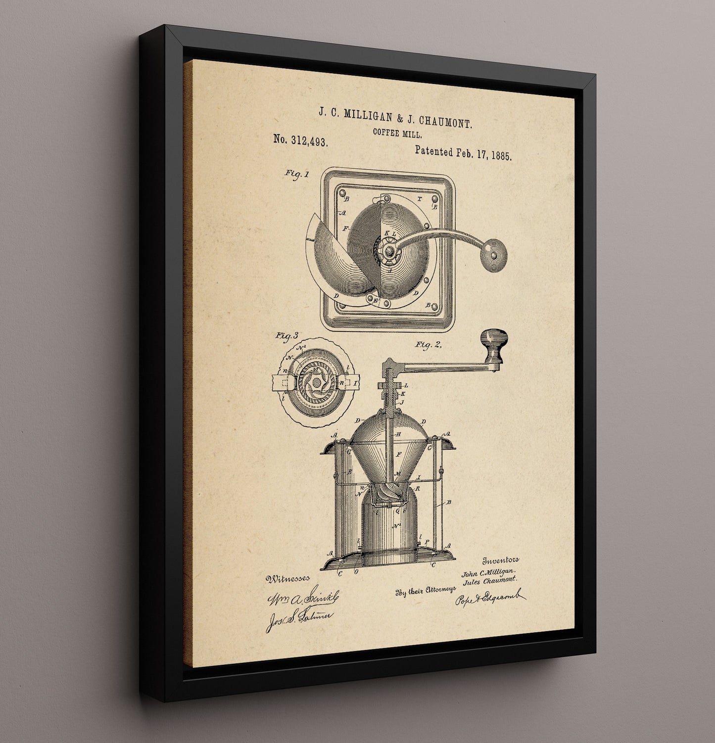 Patent Print - Coffee Mill - J.C. Milligan And J. Chaumont - 1885 - Patent 312493 Patent Wall Art
